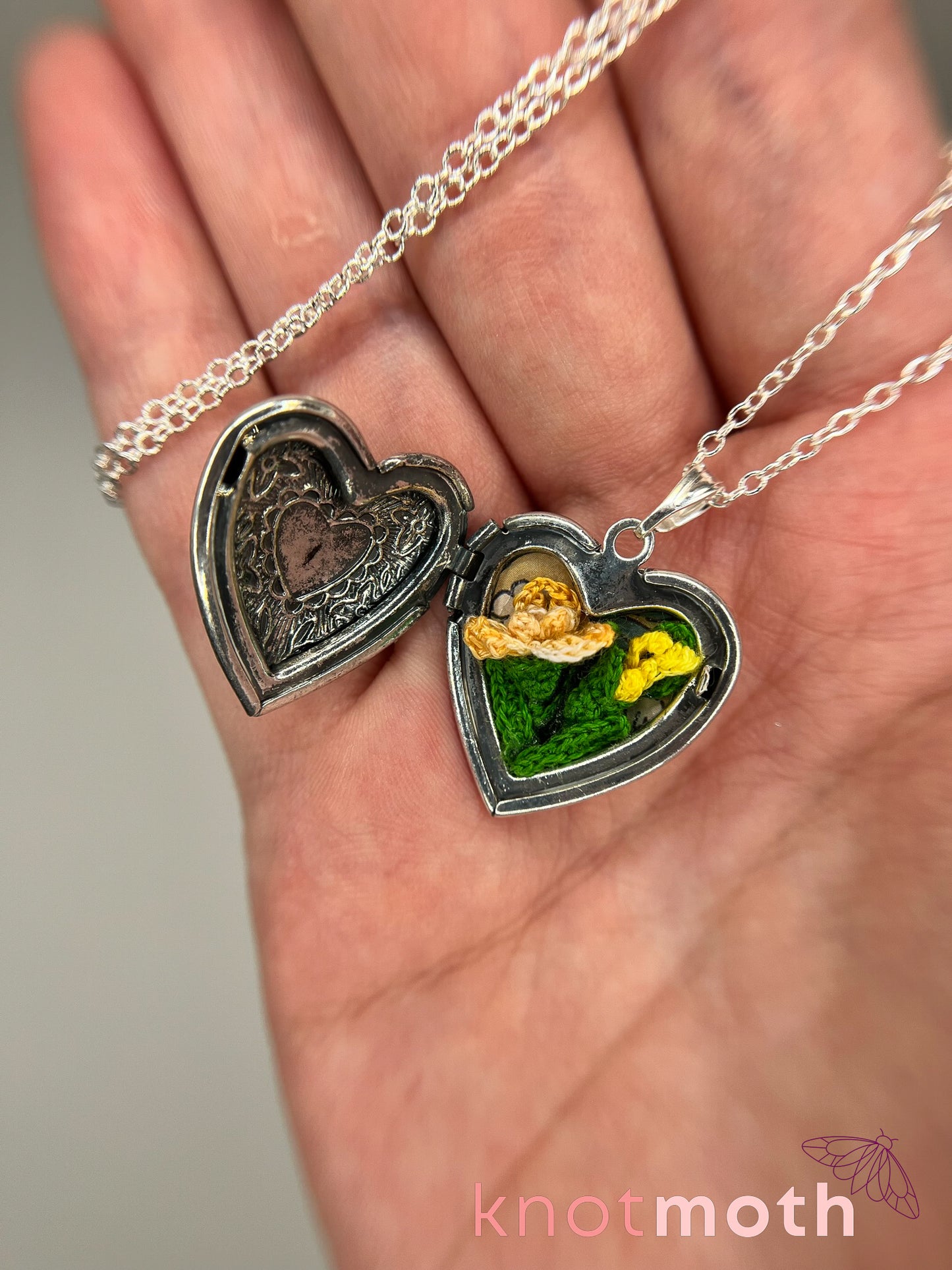 Iris (passion, joy) floriography micro-crochet locket