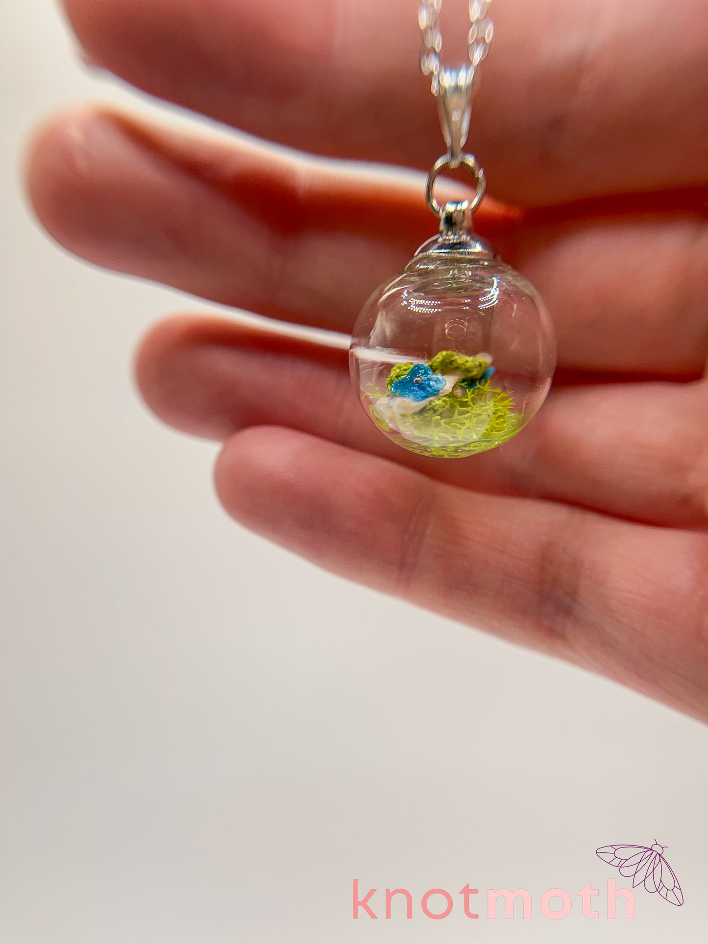 creeping speedwell & femur bone micro crochet mini globe necklace
