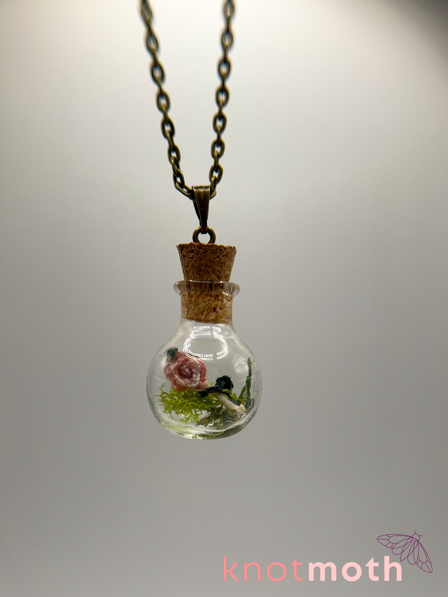 rose & humerus bone micro crochet mini jar necklace