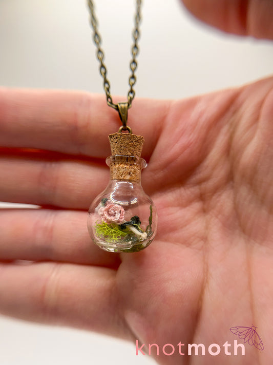 rose & humerus bone micro crochet mini jar necklace