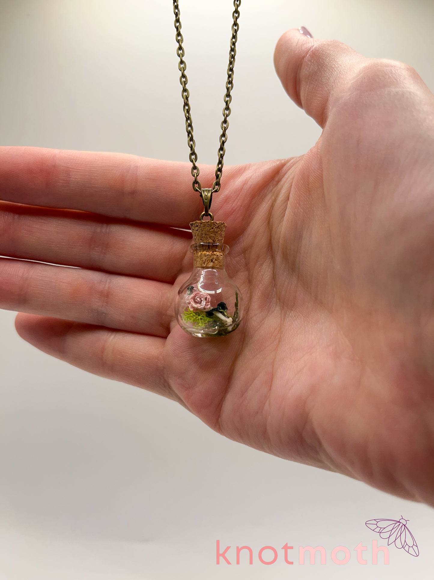 rose & humerus bone micro crochet mini jar necklace