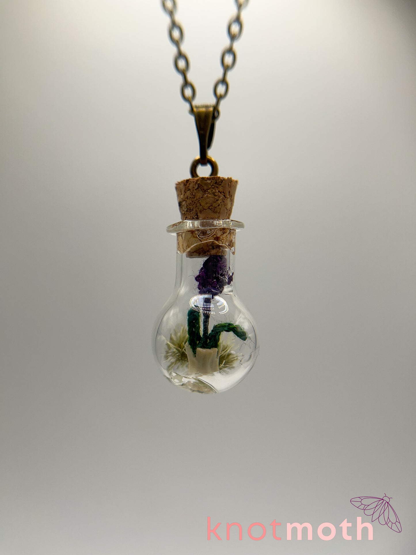 lavender & vertebra bone micro crochet mini jar necklace