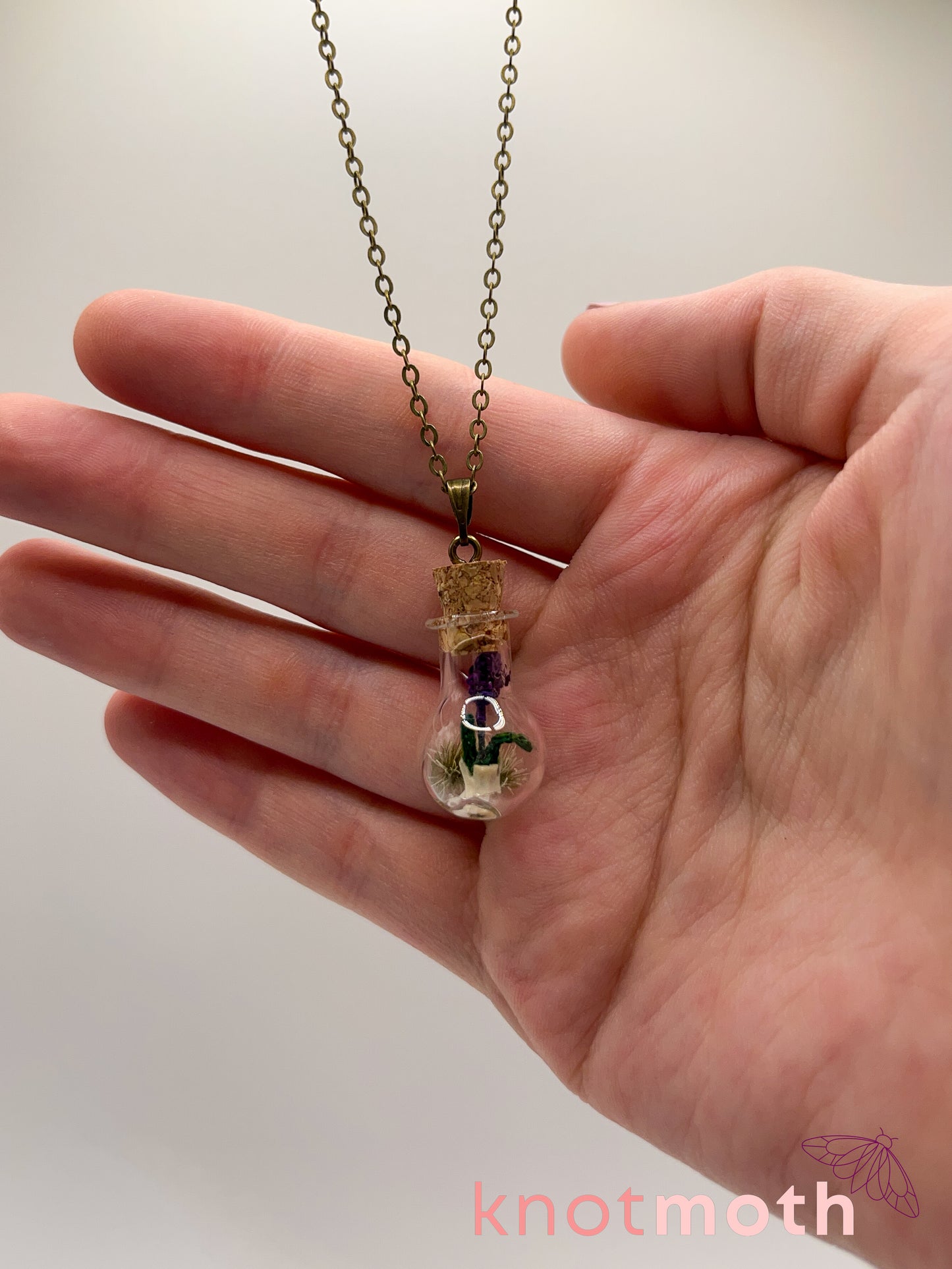 lavender & vertebra bone micro crochet mini jar necklace