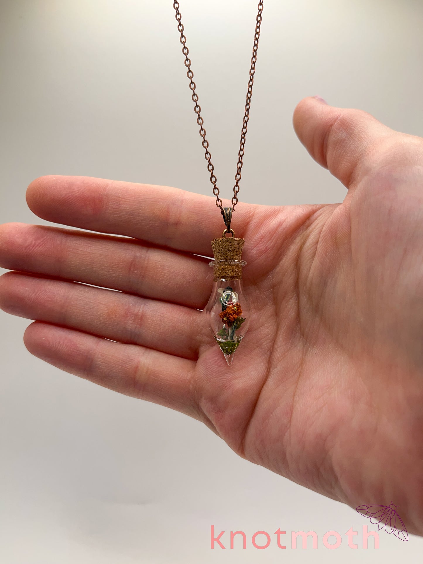 nasturtium & hip bone micro crochet mini jar necklace