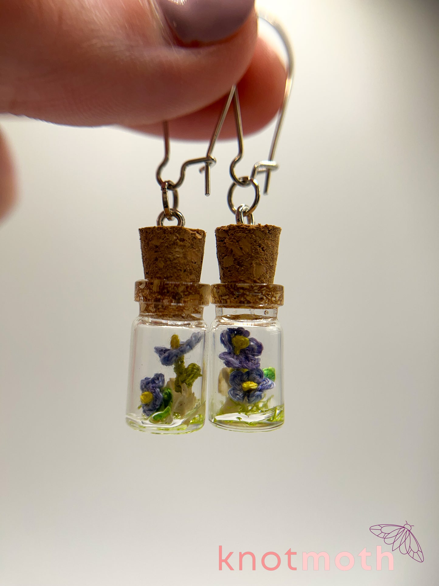 forget-me-not & vertebra bone micro crochet mini jar earrings
