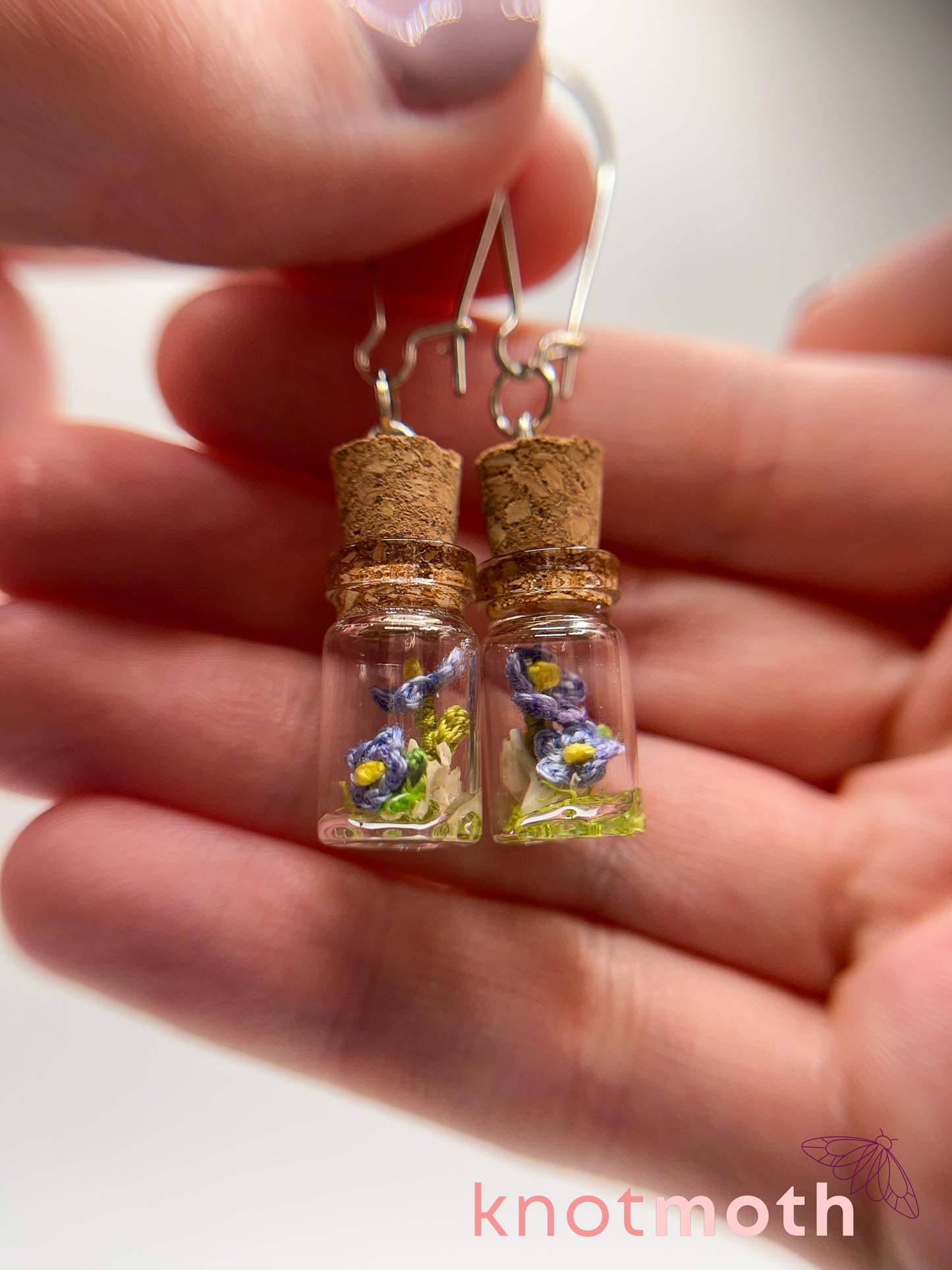 forget-me-not & vertebra bone micro crochet mini jar earrings