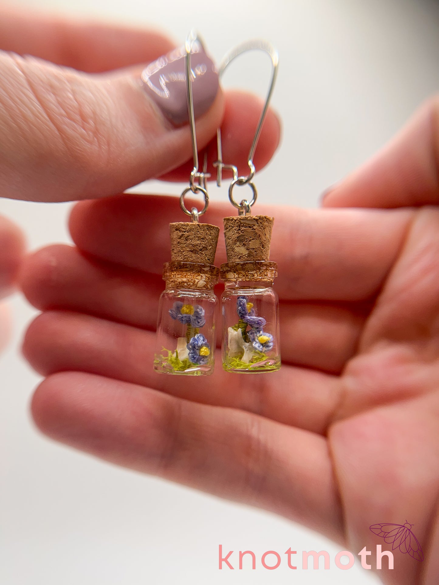 forget-me-not & vertebra bone micro crochet mini jar earrings