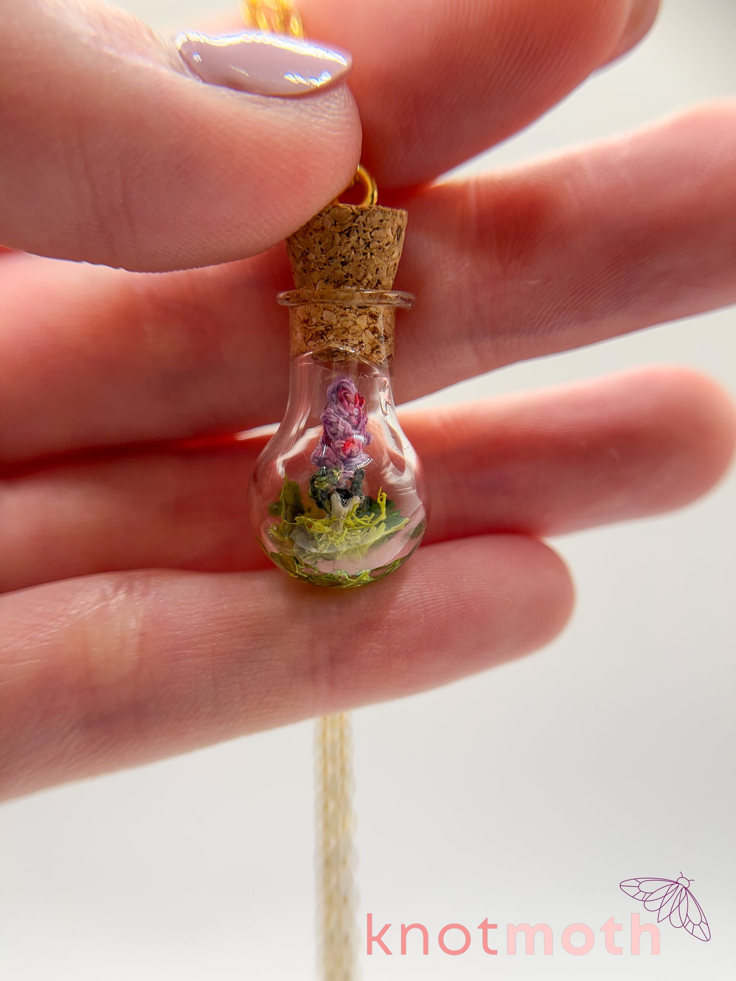 lavender & vertebra bone micro crochet mini jar necklace