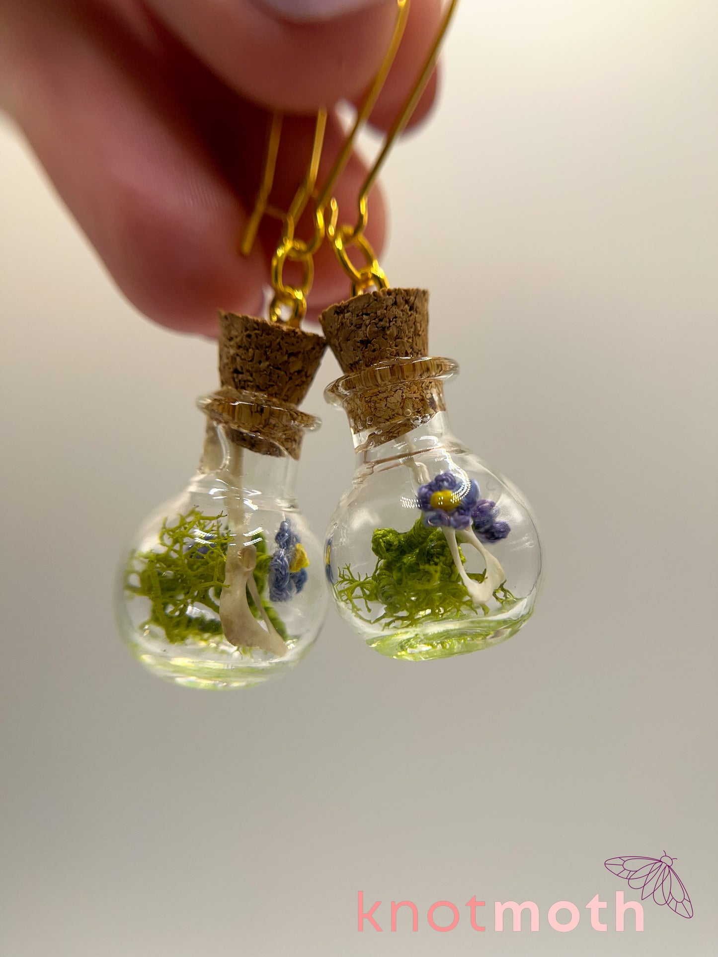 forget-me-not & hip bone micro crochet mini jar earrings