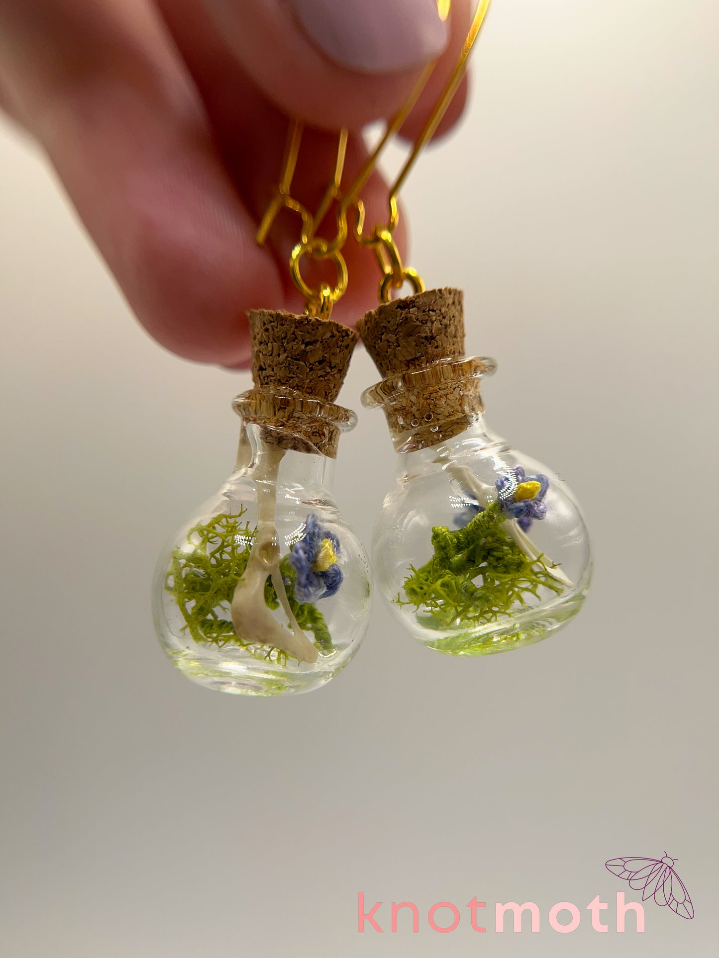 forget-me-not & hip bone micro crochet mini jar earrings