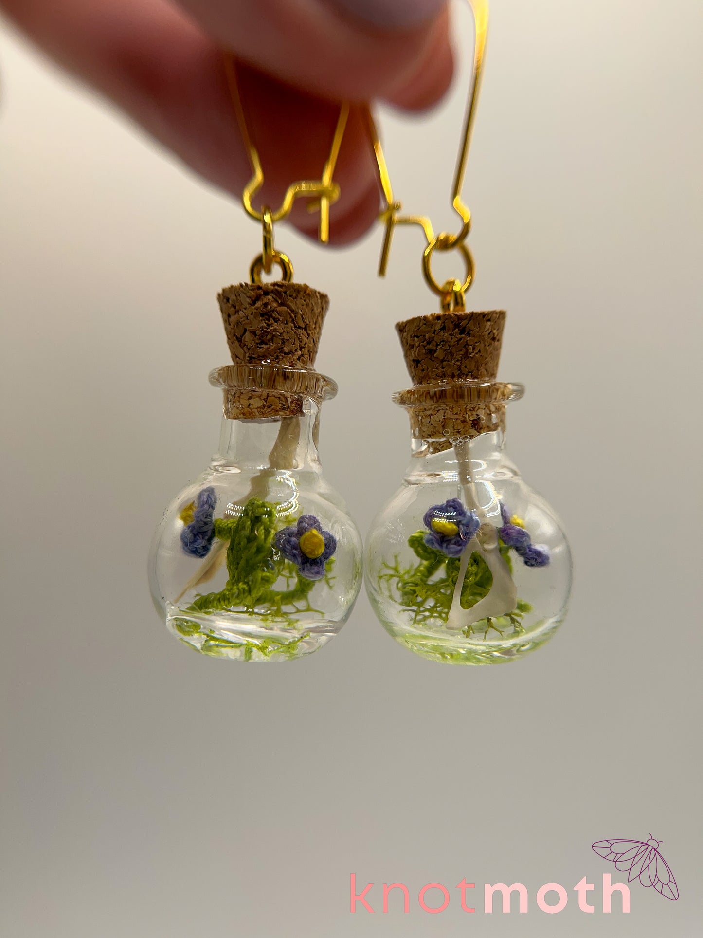 forget-me-not & hip bone micro crochet mini jar earrings