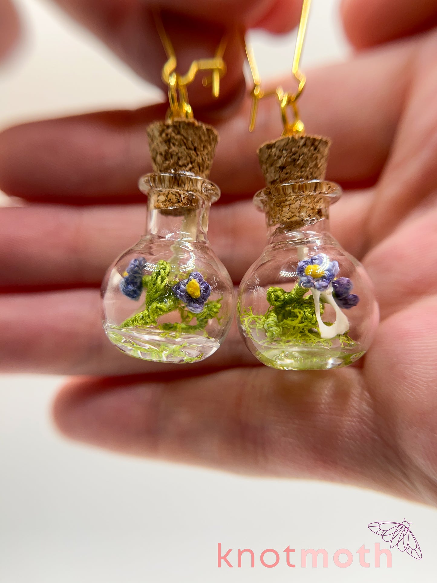 forget-me-not & hip bone micro crochet mini jar earrings