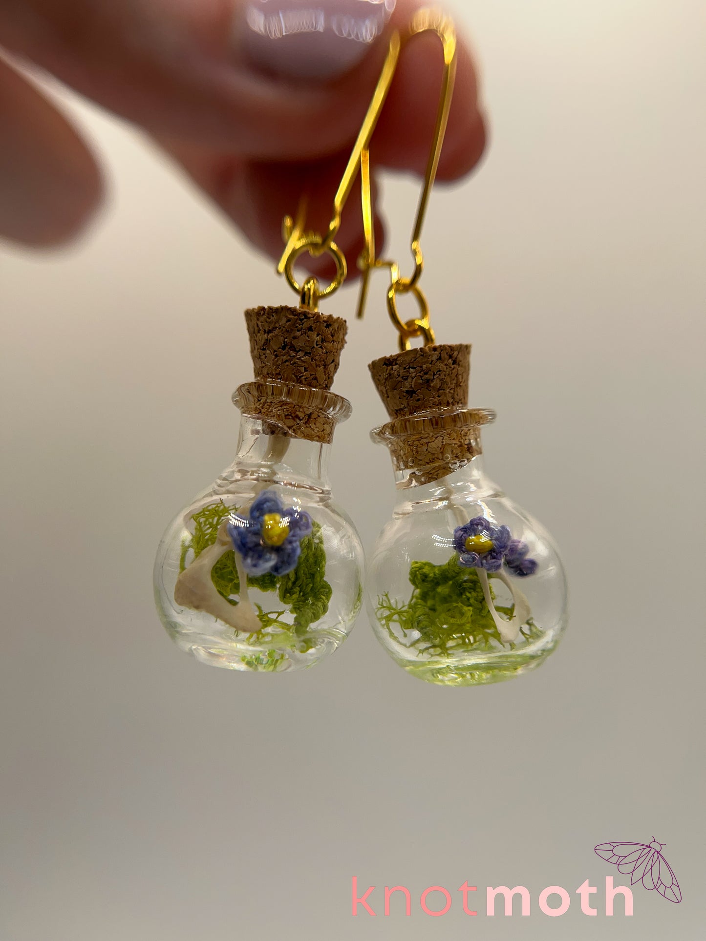 forget-me-not & hip bone micro crochet mini jar earrings