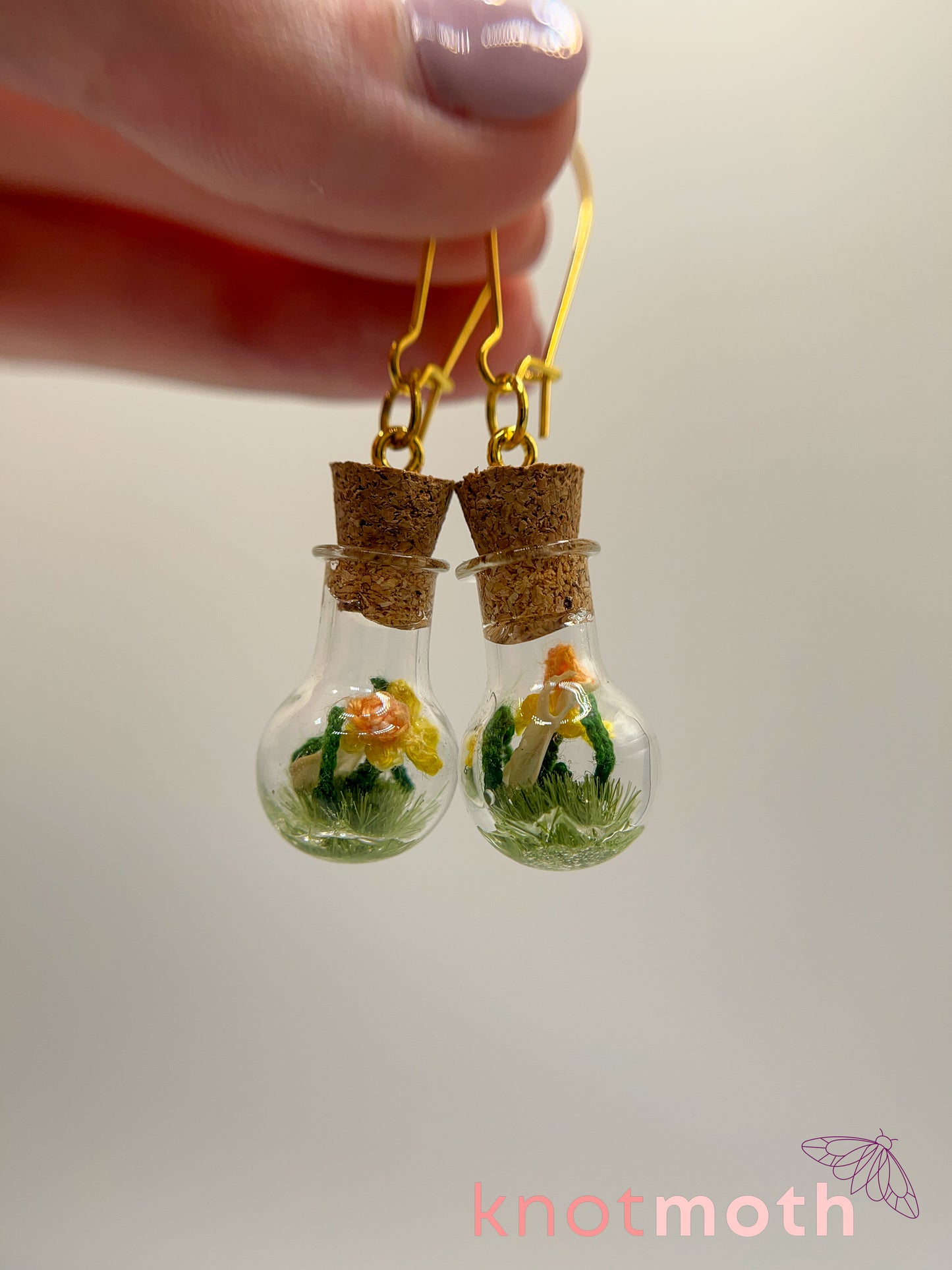 daffodil & scapula bone micro crochet mini jar earrings