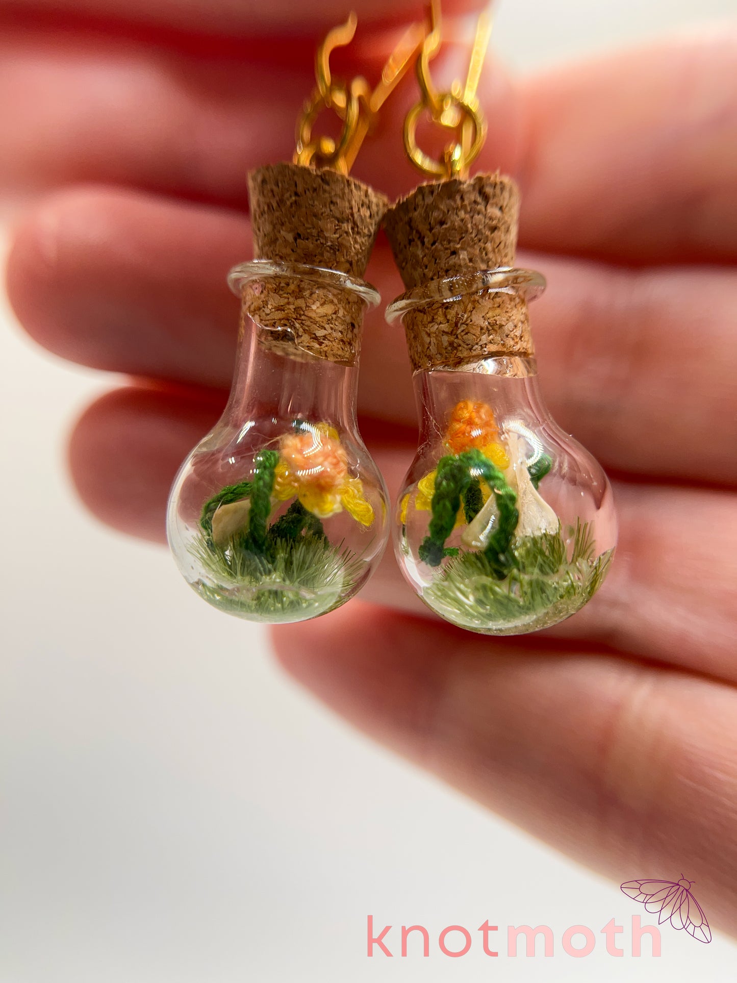 daffodil & scapula bone micro crochet mini jar earrings