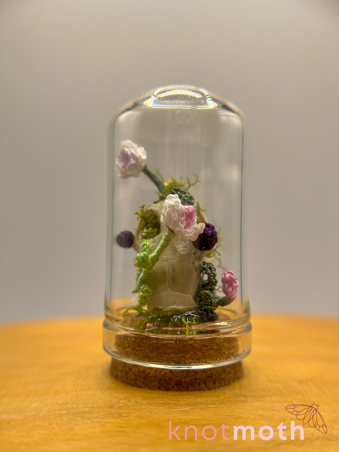 orchid & mushrooms skull micro crochet cloche jar