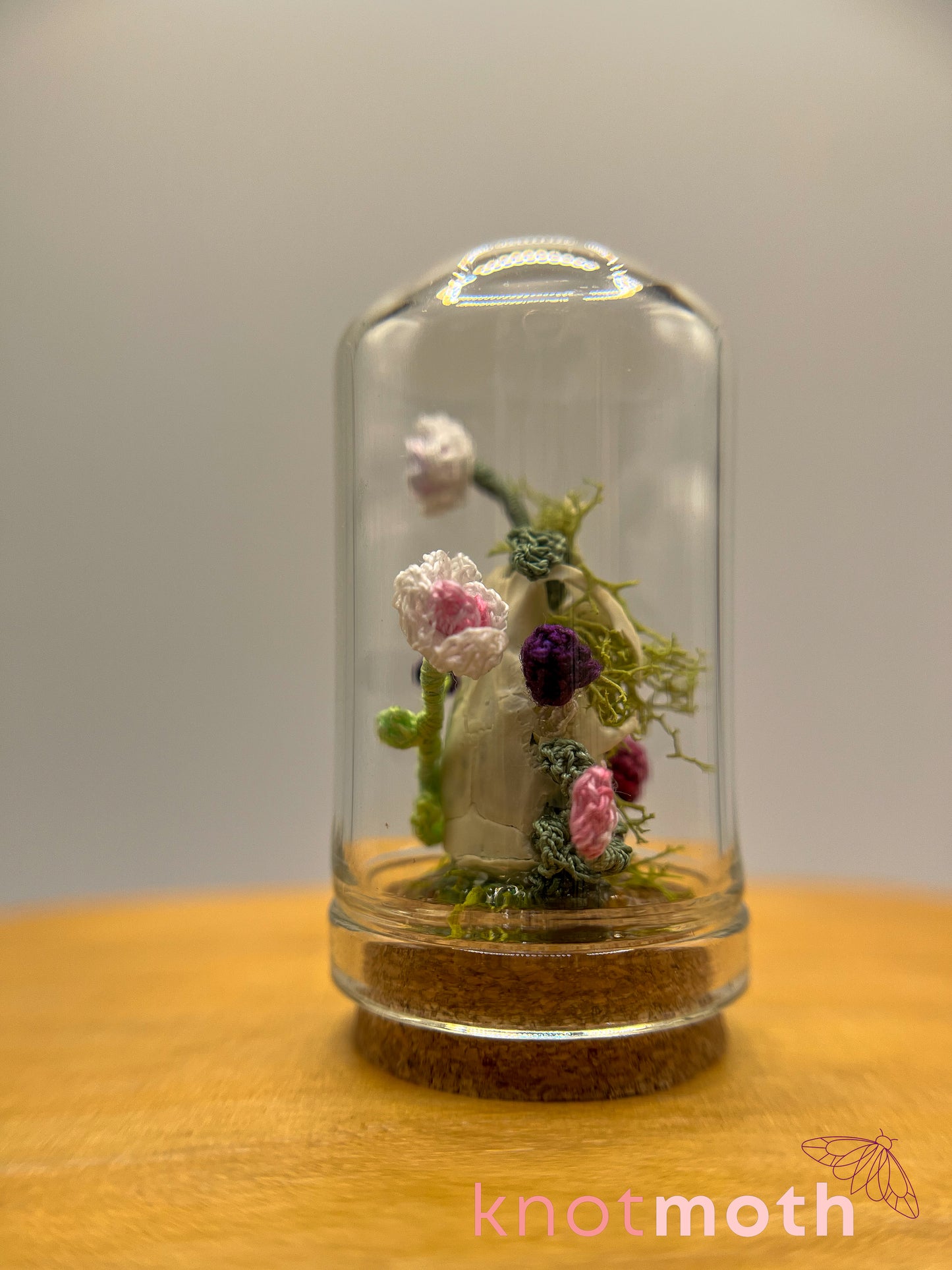 orchid & mushrooms skull micro crochet cloche jar