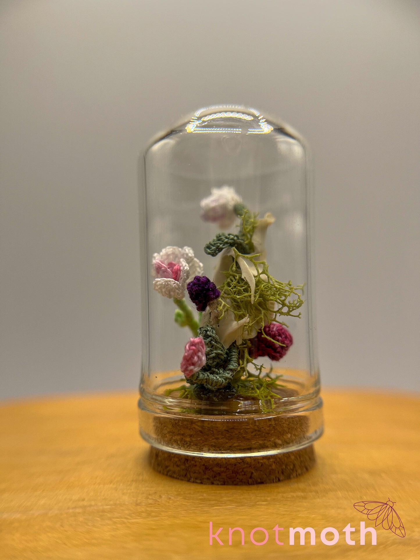 orchid & mushrooms skull micro crochet cloche jar