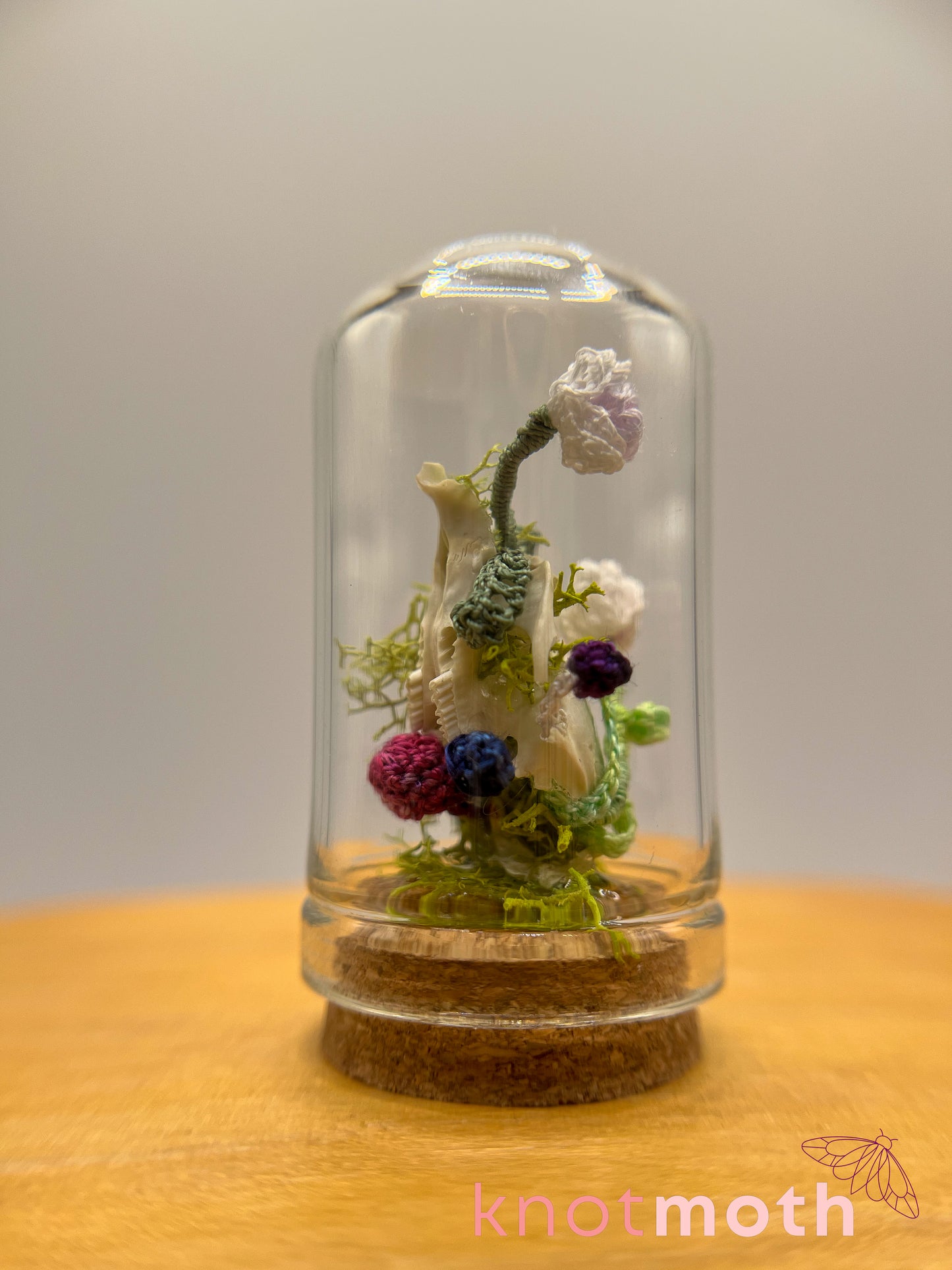 orchid & mushrooms skull micro crochet cloche jar