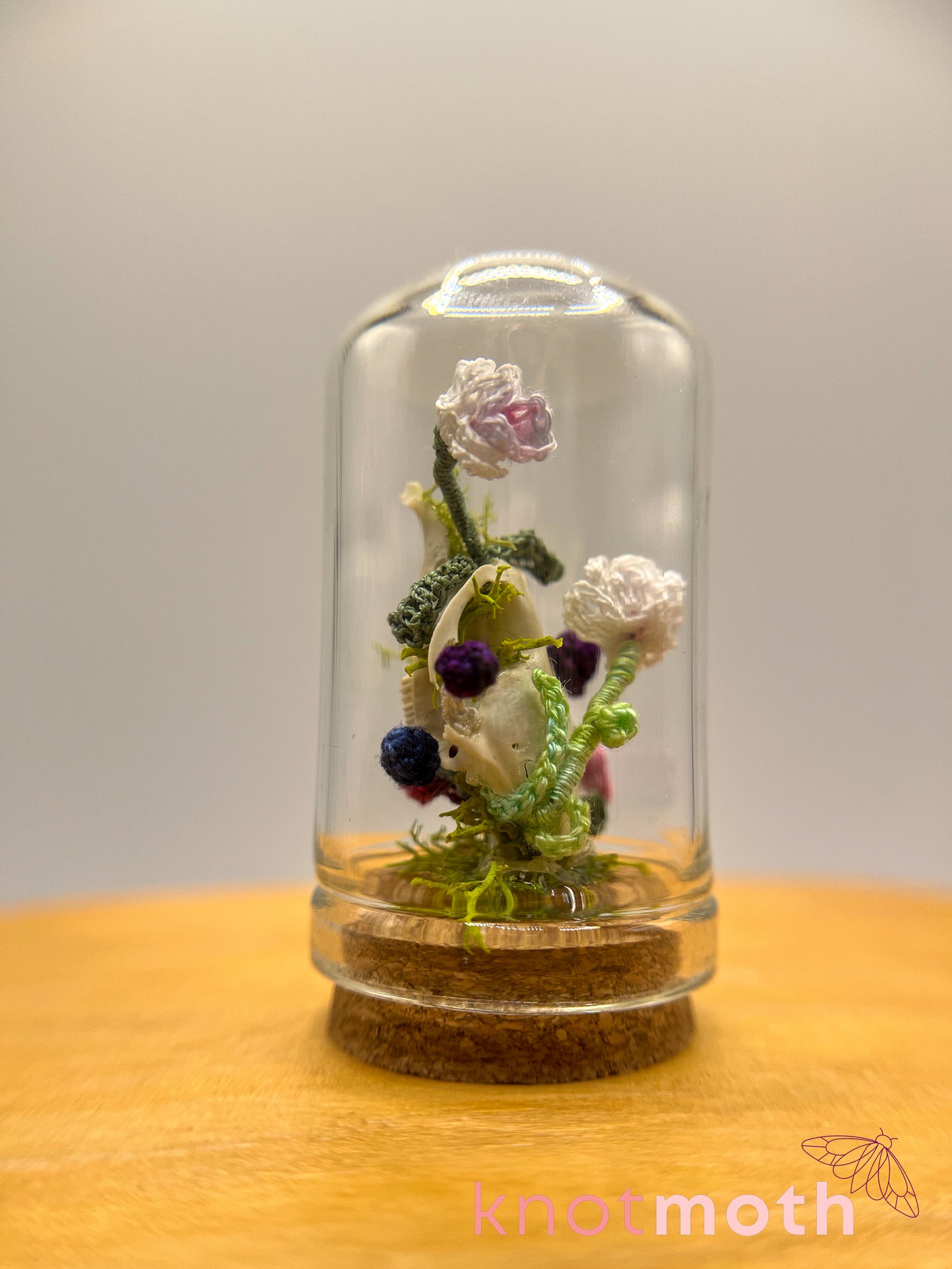 orchid & mushrooms skull micro crochet cloche jar