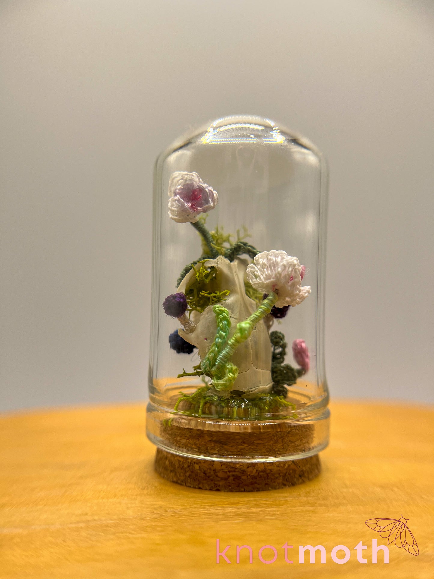 orchid & mushrooms skull micro crochet cloche jar