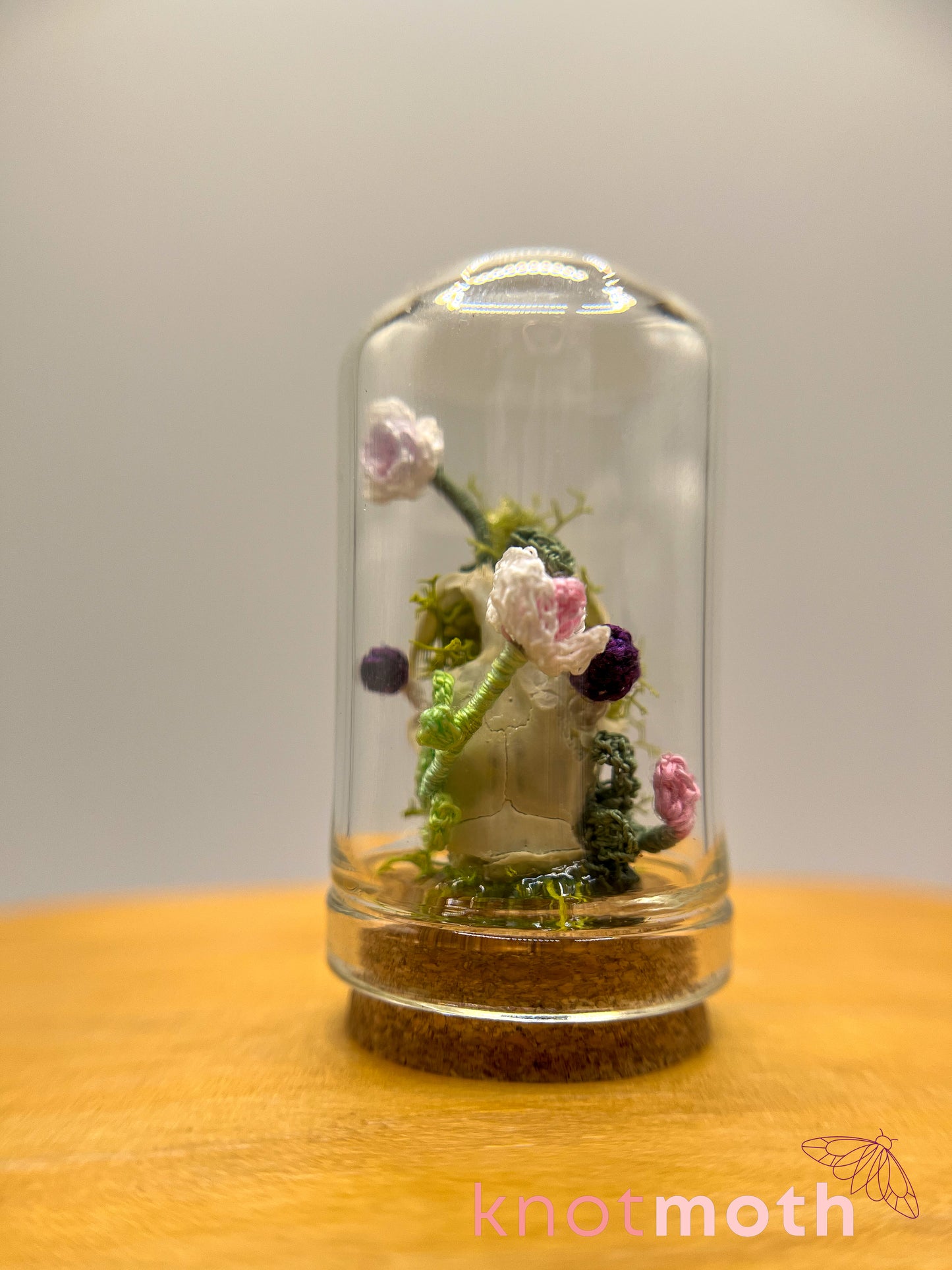 orchid & mushrooms skull micro crochet cloche jar