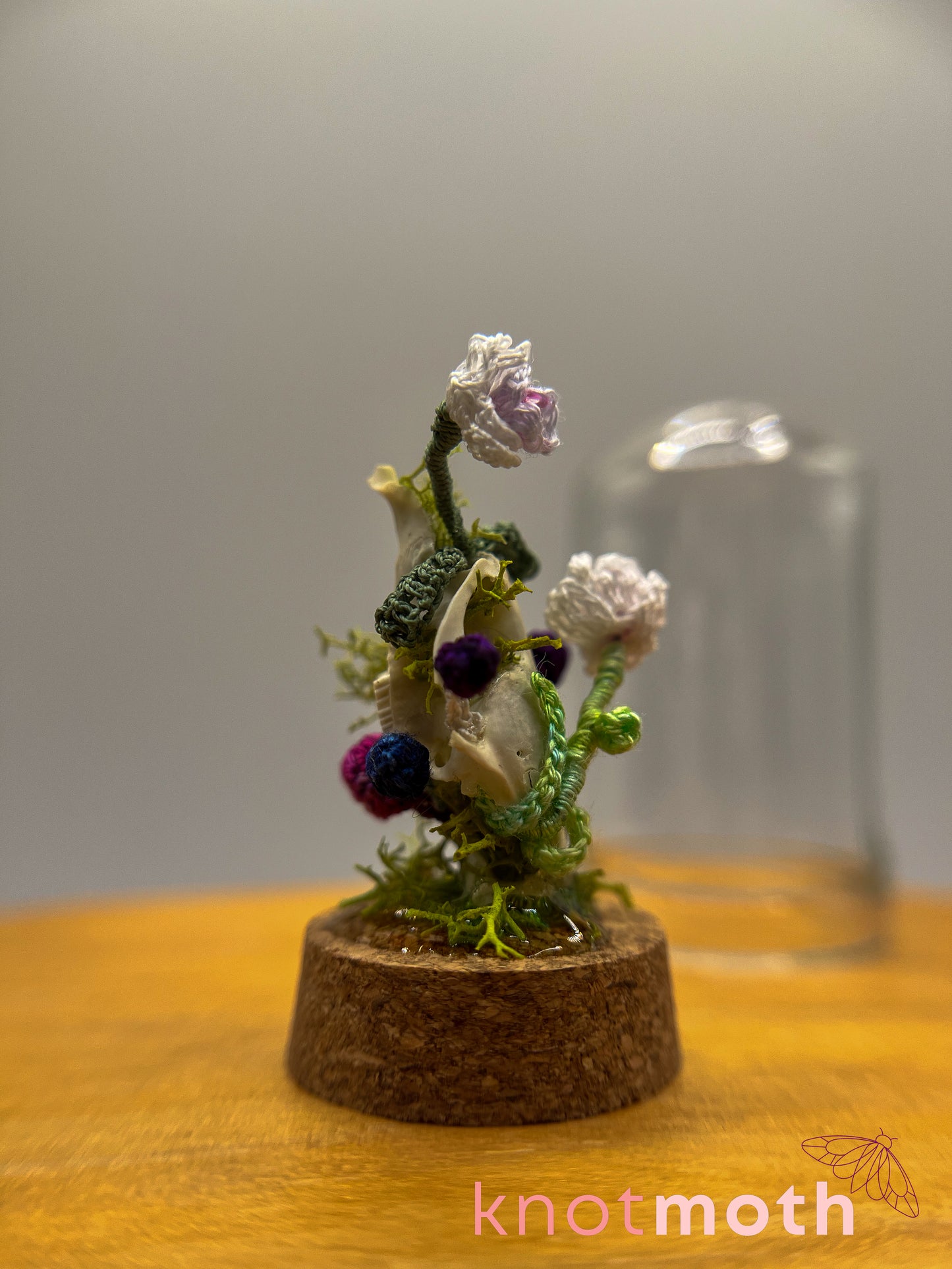 orchid & mushrooms skull micro crochet cloche jar