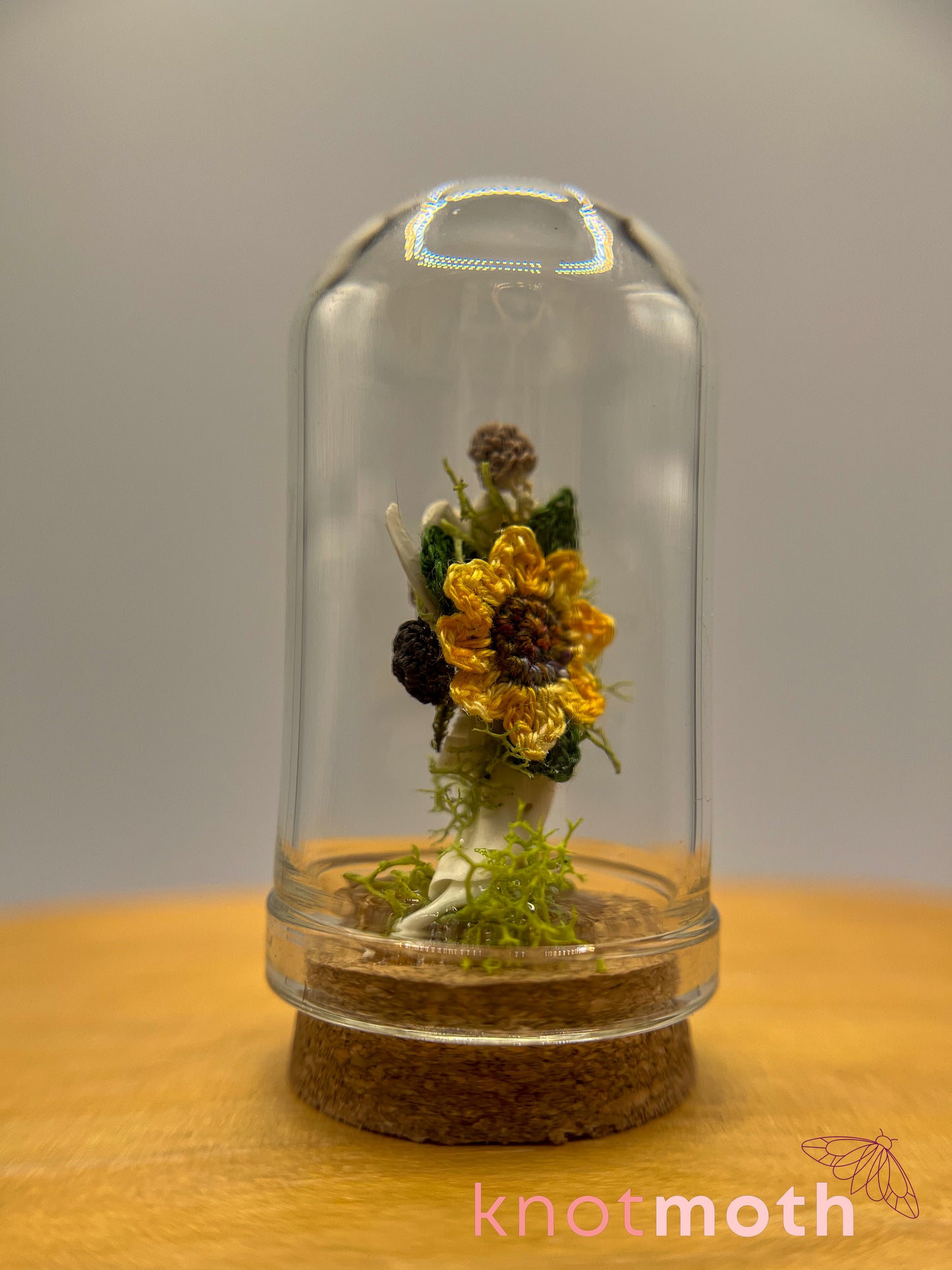 sunflower & mushrooms with jawbone micro crochet cloche jar
