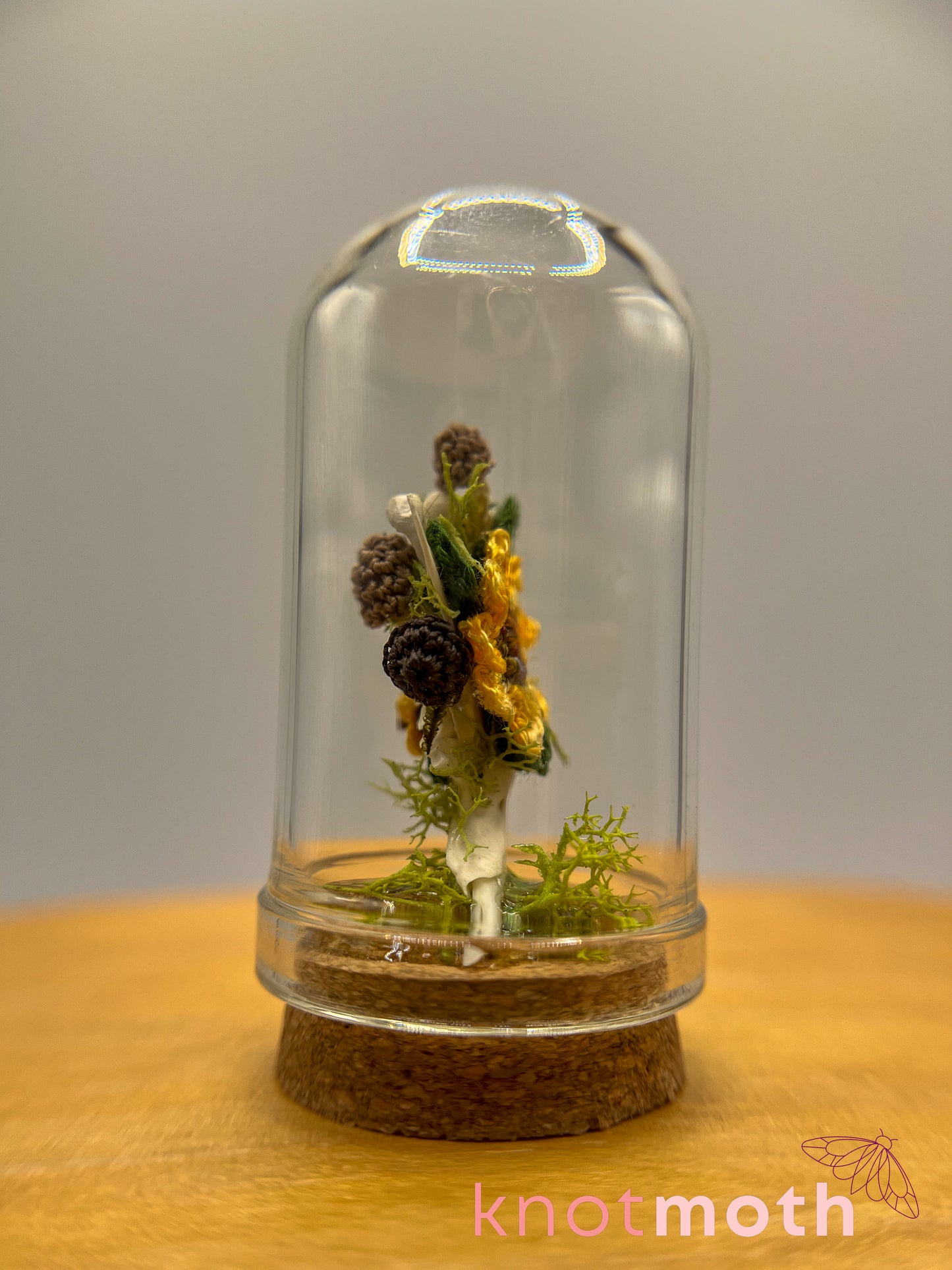 sunflower & mushrooms with jawbone micro crochet cloche jar