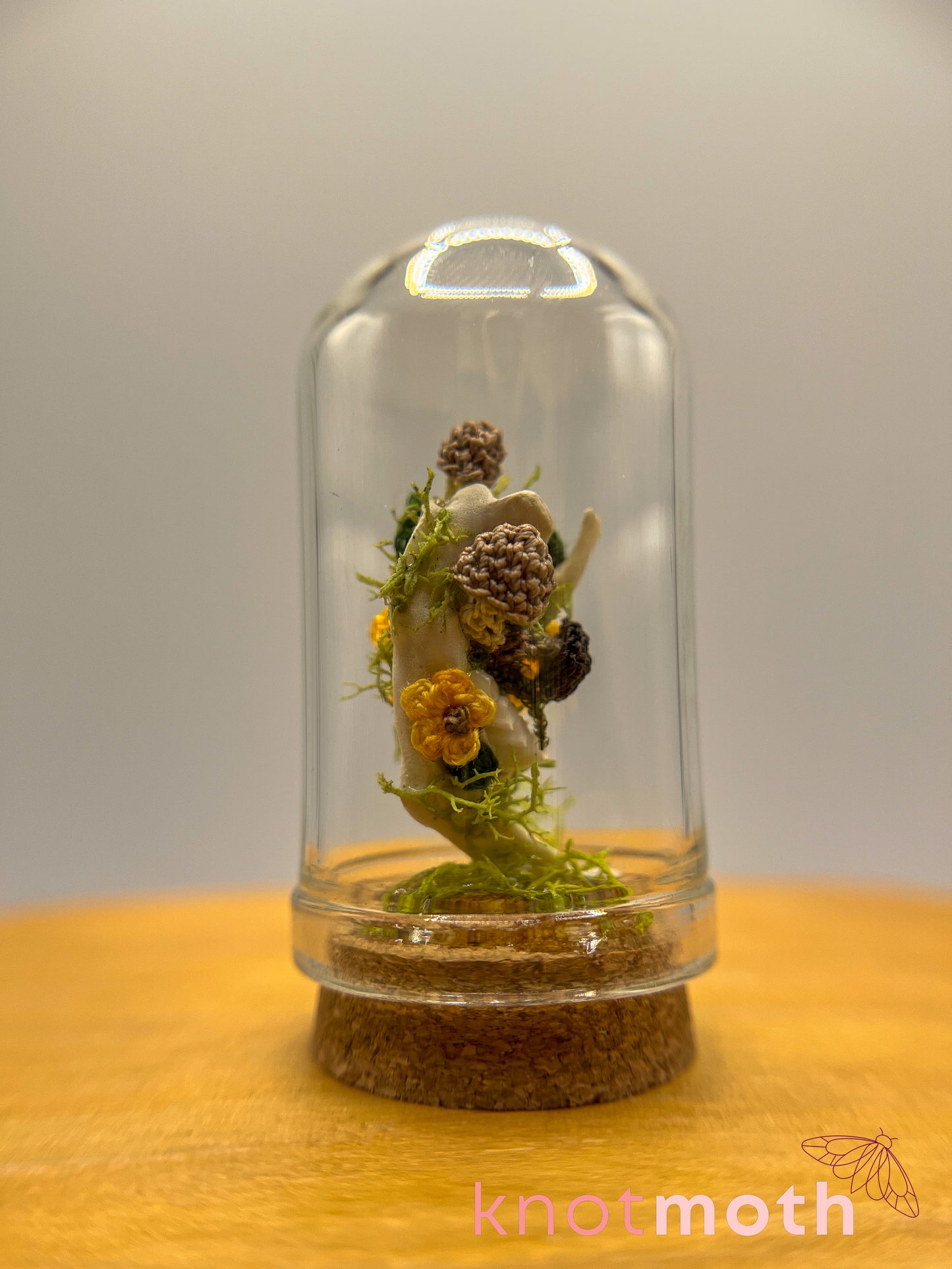 sunflower & mushrooms with jawbone micro crochet cloche jar