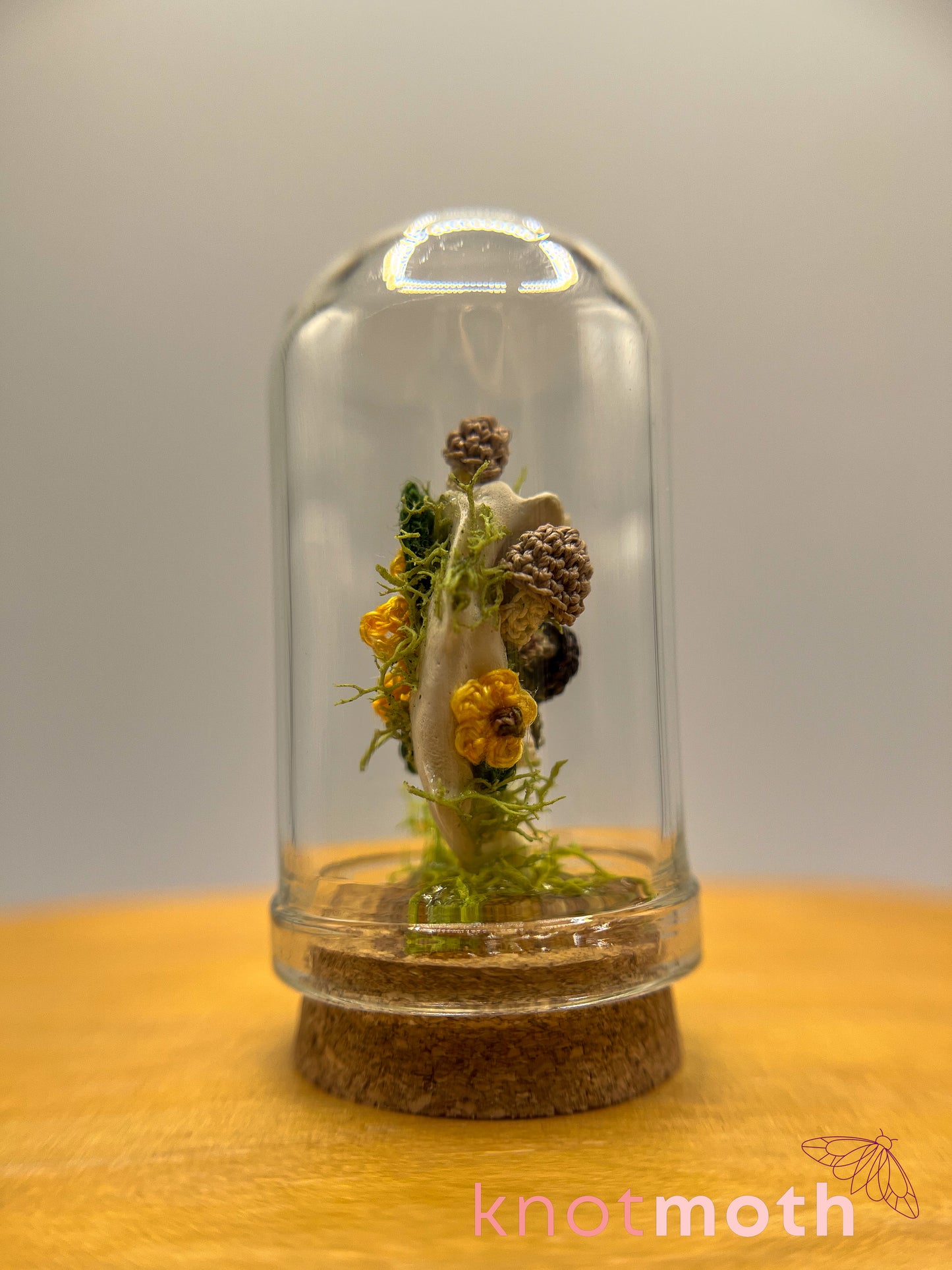 sunflower & mushrooms with jawbone micro crochet cloche jar