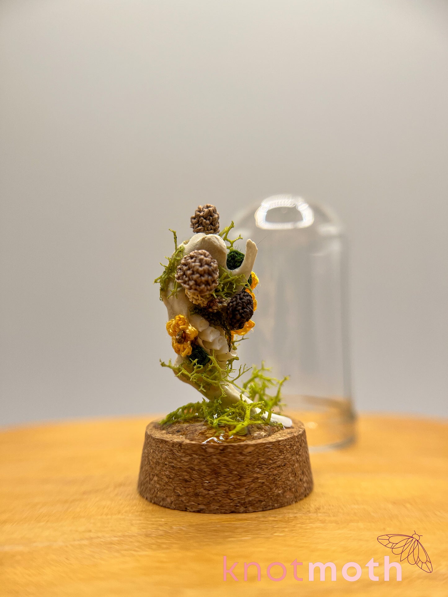 sunflower & mushrooms with jawbone micro crochet cloche jar