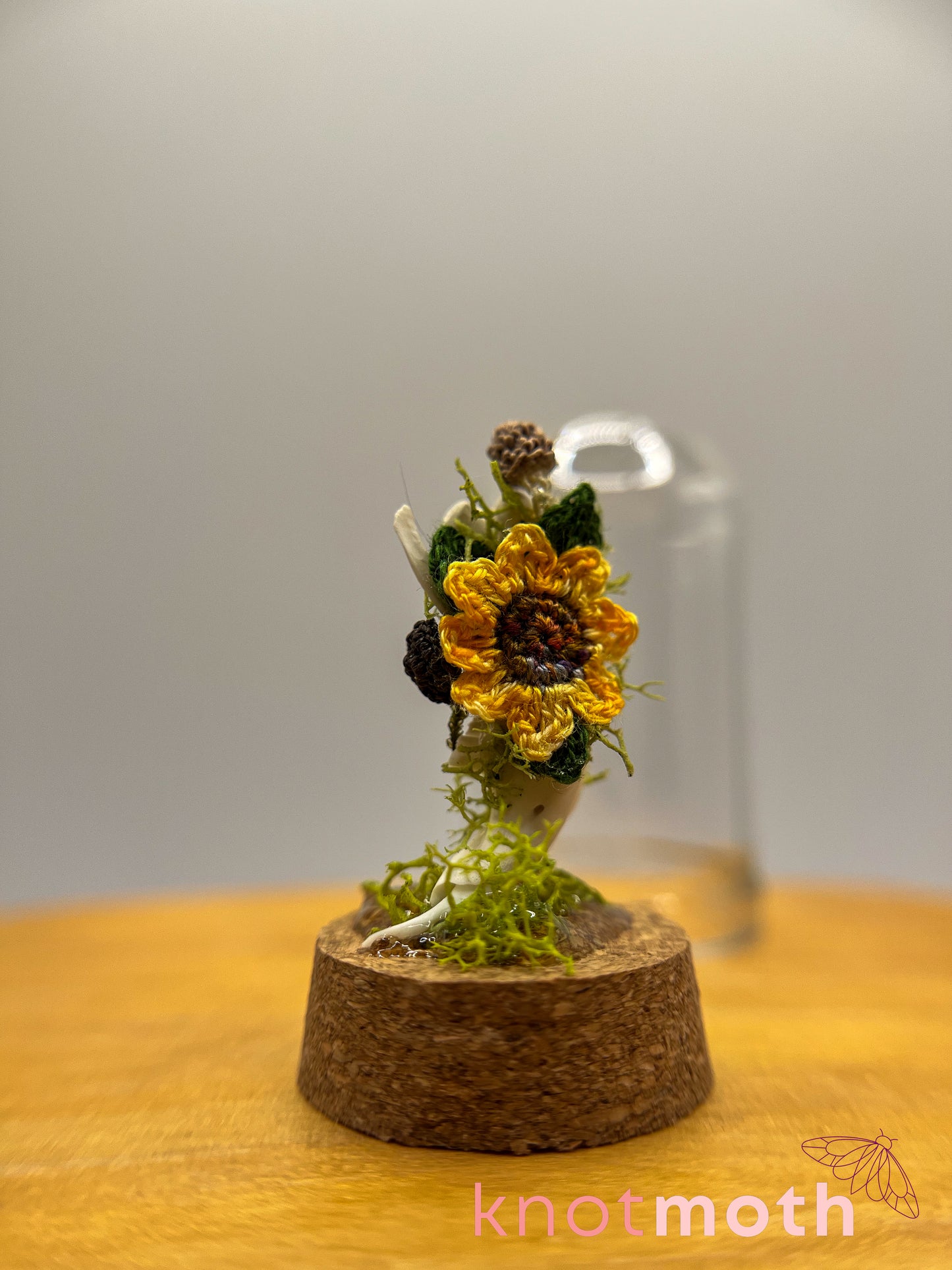 sunflower & mushrooms with jawbone micro crochet cloche jar