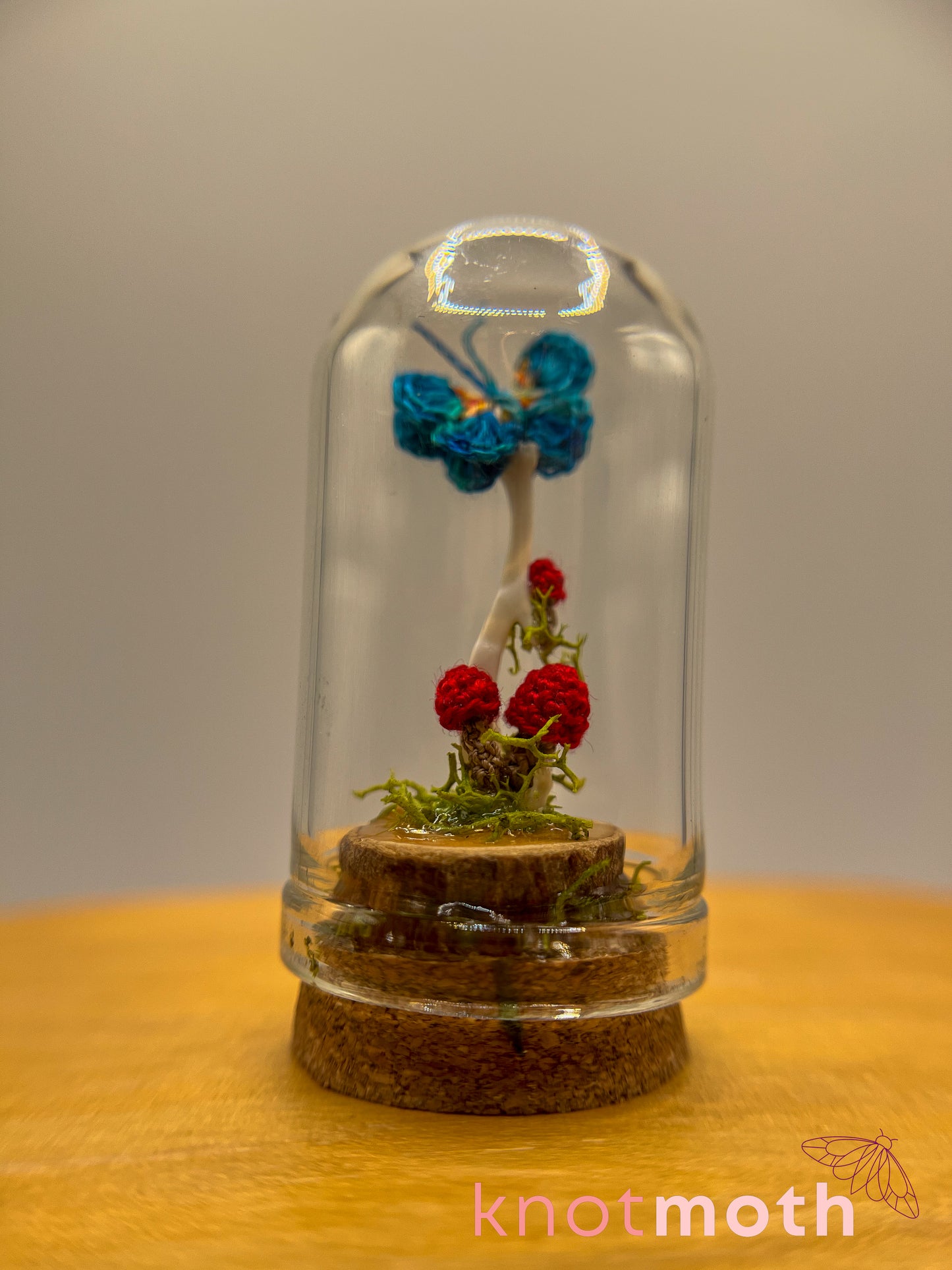 mushrooms & butterfly with long bone micro crochet cloche jar