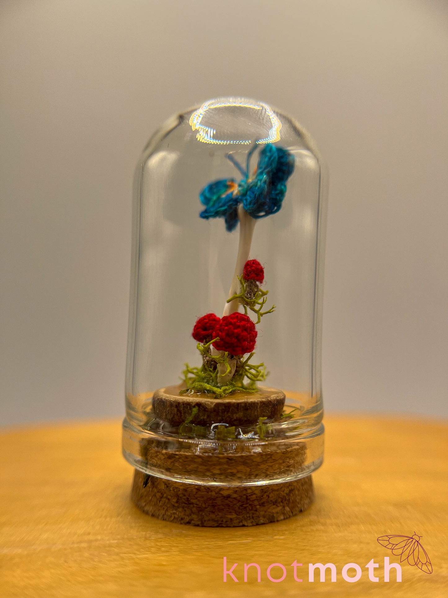 mushrooms & butterfly with long bone micro crochet cloche jar