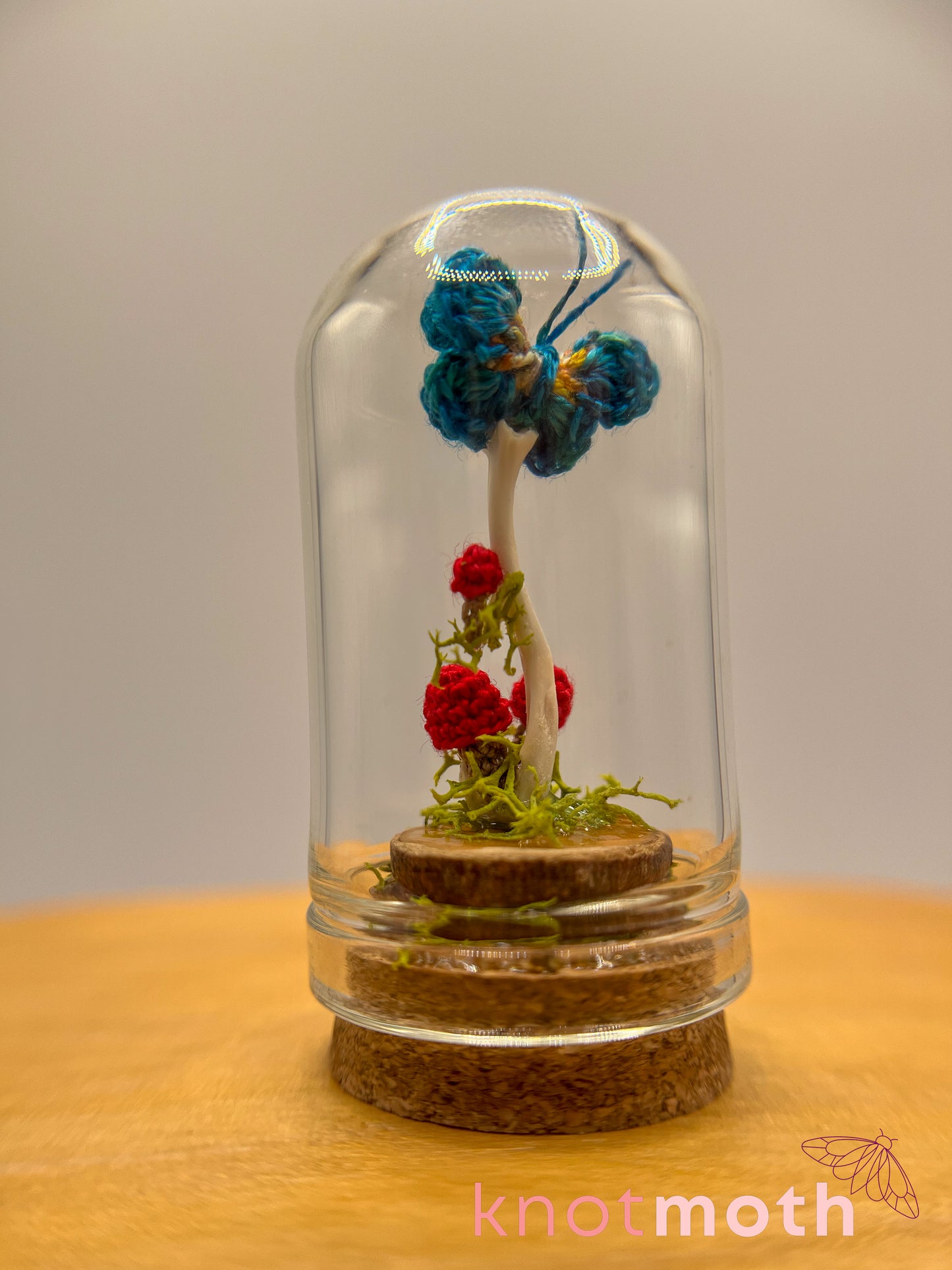 mushrooms & butterfly with long bone micro crochet cloche jar