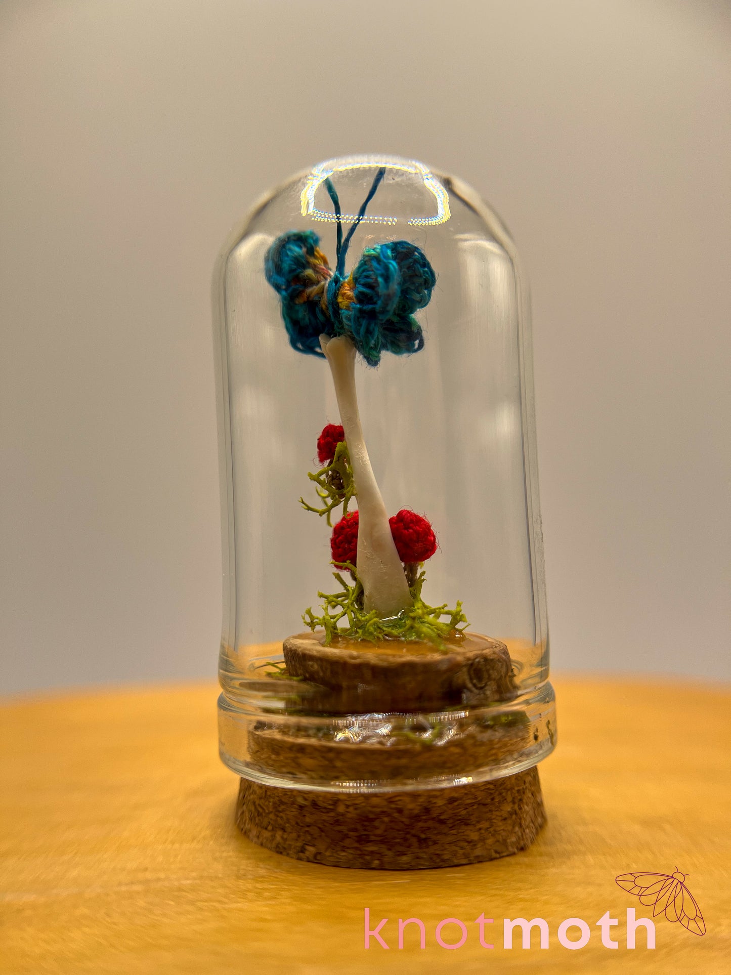 mushrooms & butterfly with long bone micro crochet cloche jar