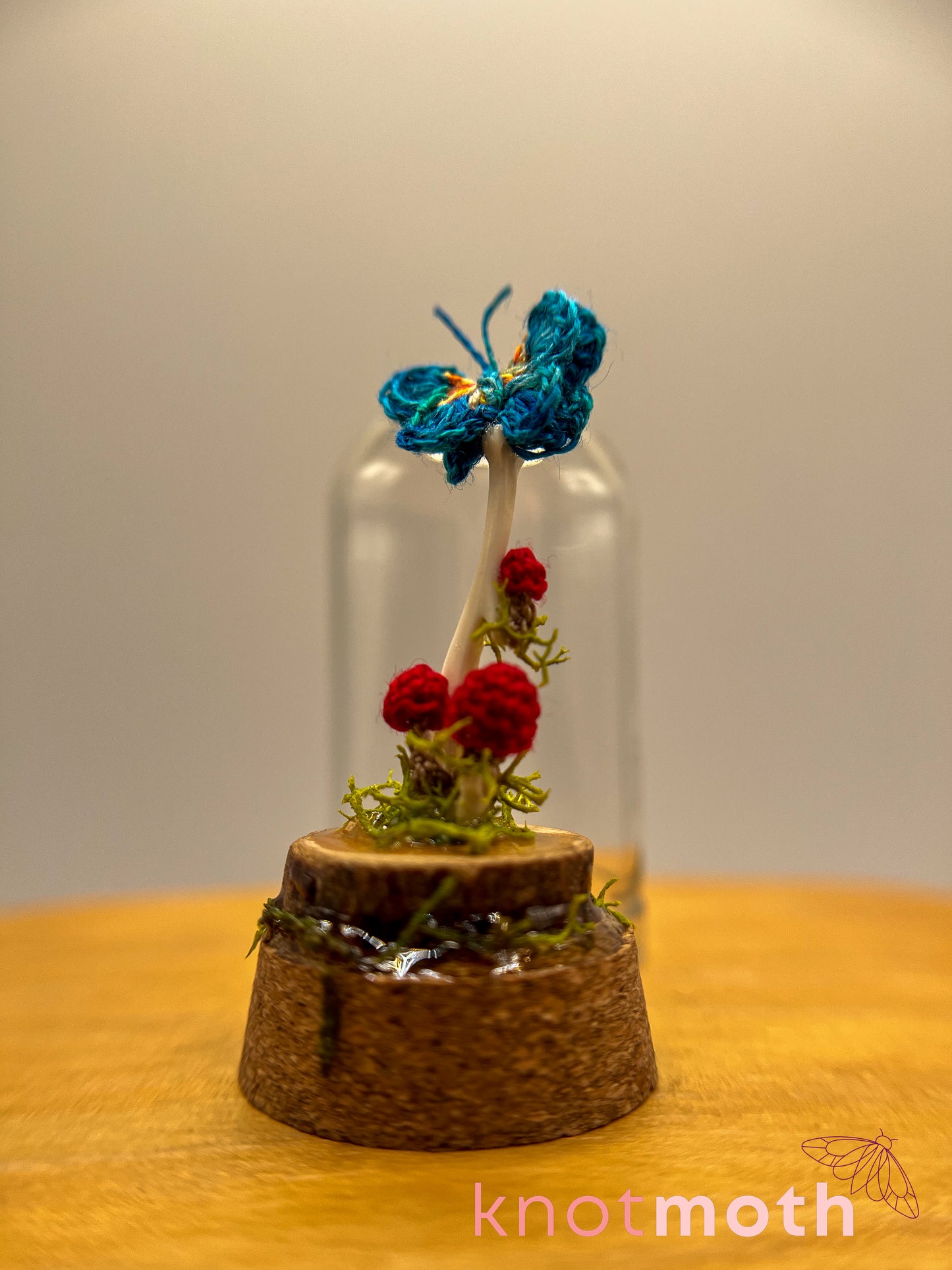 mushrooms & butterfly with long bone micro crochet cloche jar