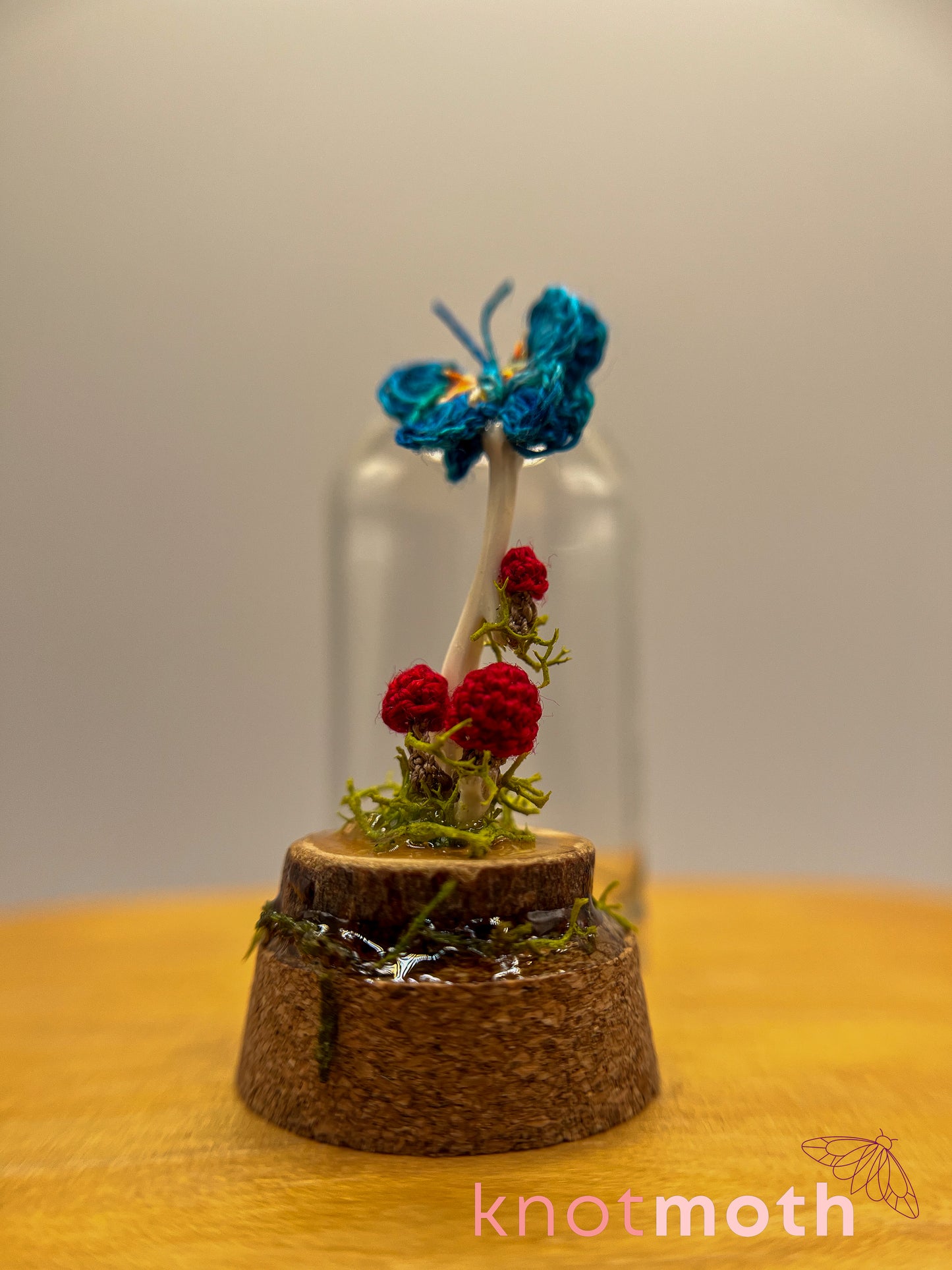 mushrooms & butterfly with long bone micro crochet cloche jar