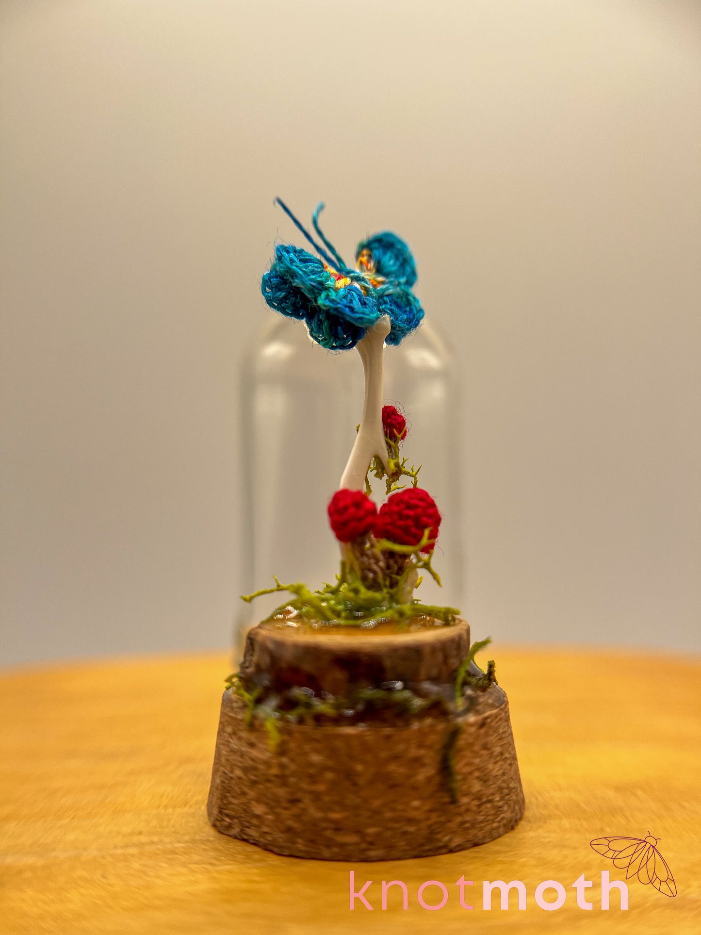 mushrooms & butterfly with long bone micro crochet cloche jar