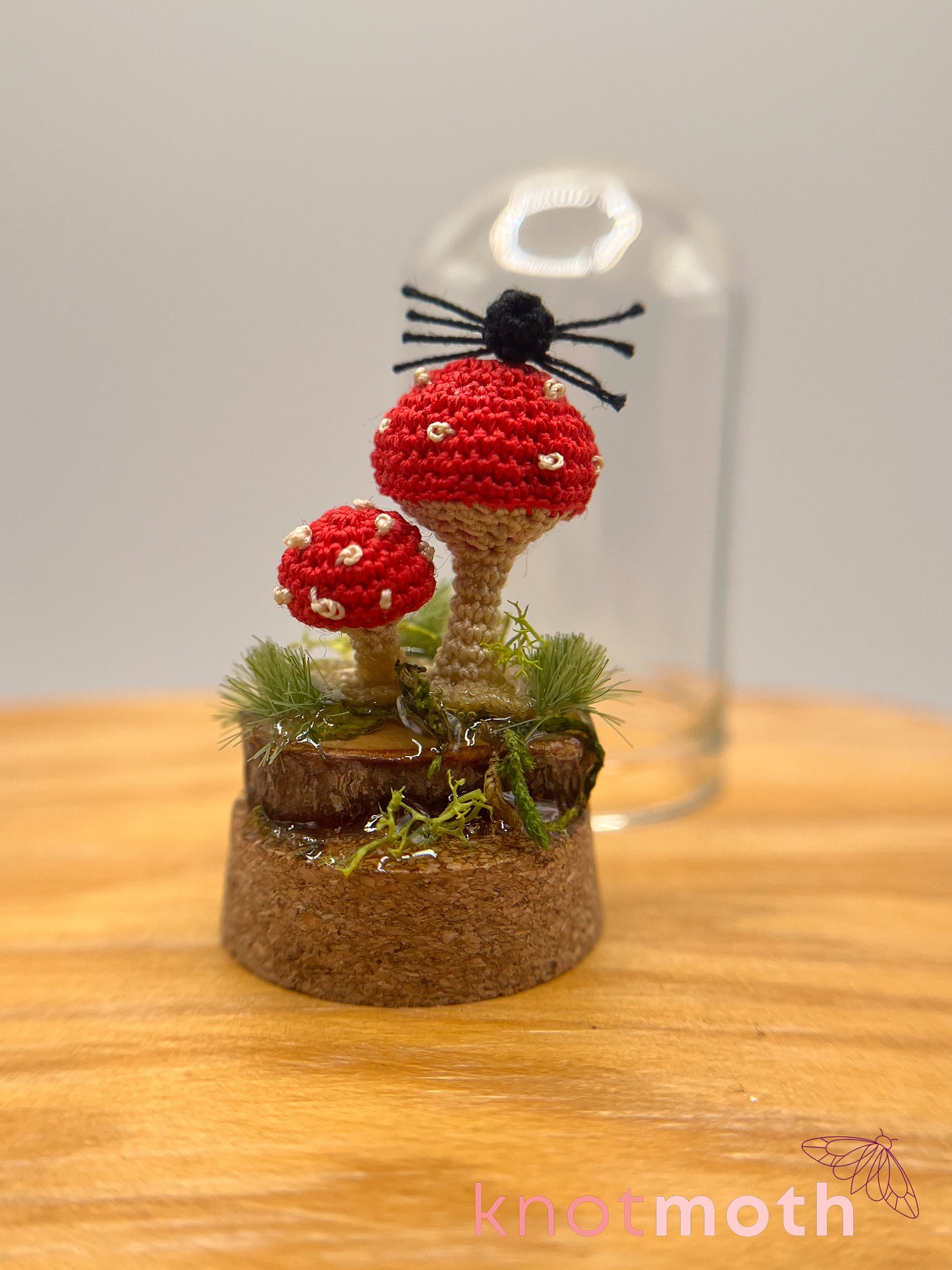 samara spider & mushrooms micro crochet cloche jar