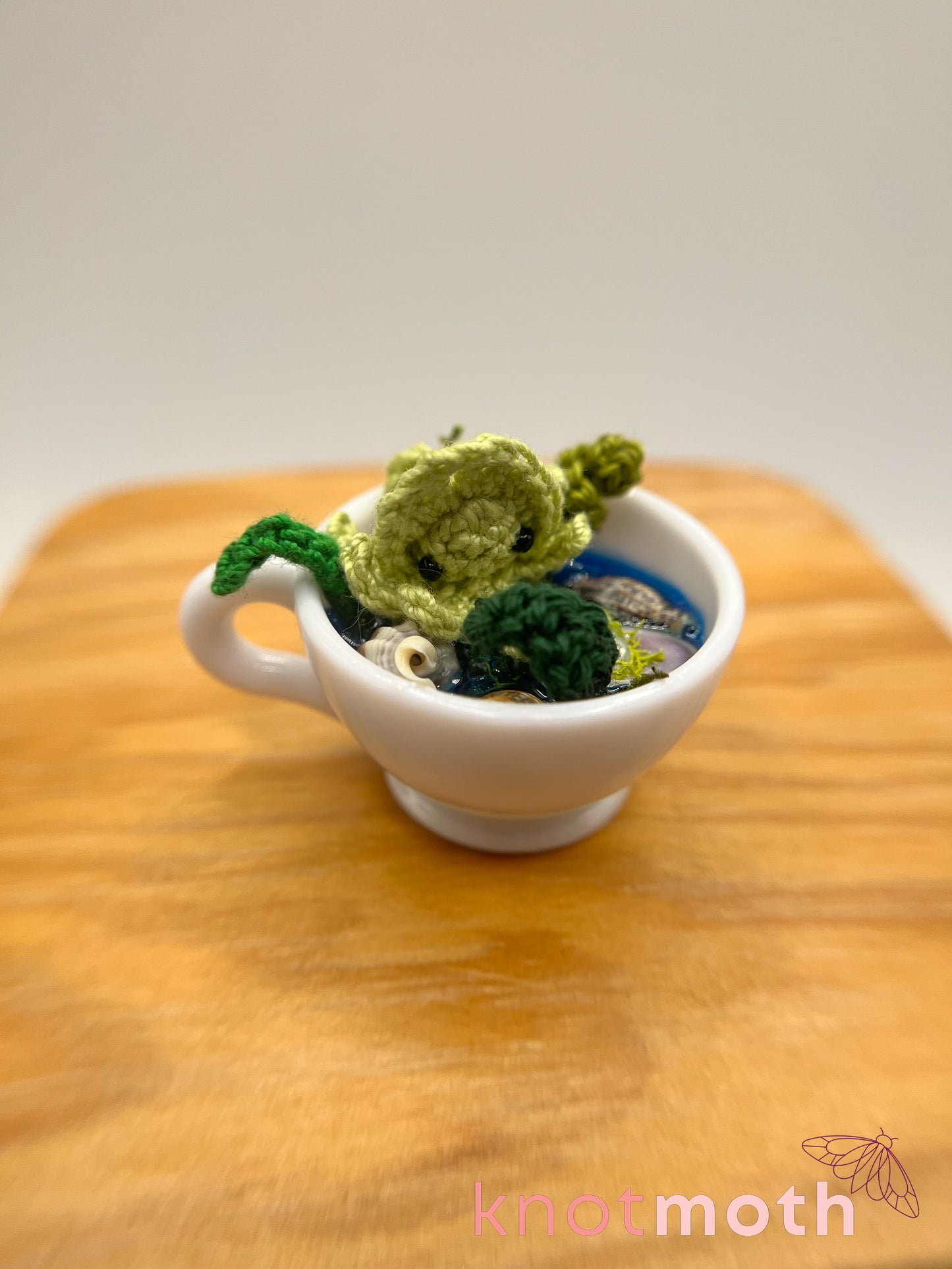 sage squid micro crochet teacup trinket