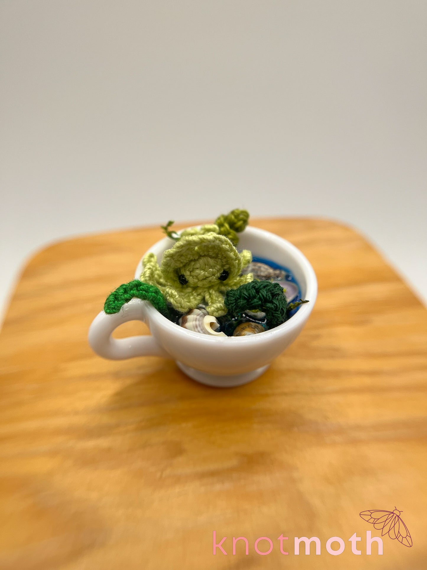 sage squid micro crochet teacup trinket