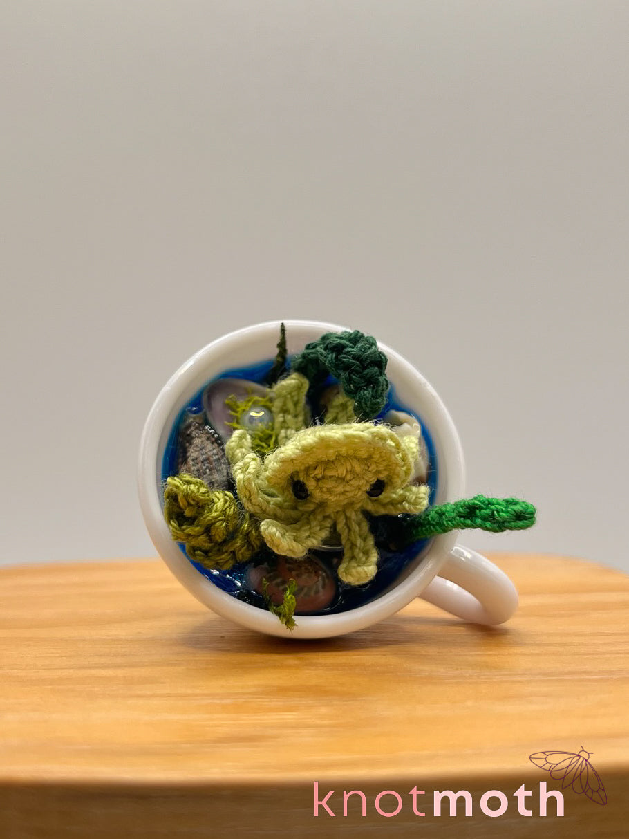 sage squid micro crochet teacup trinket