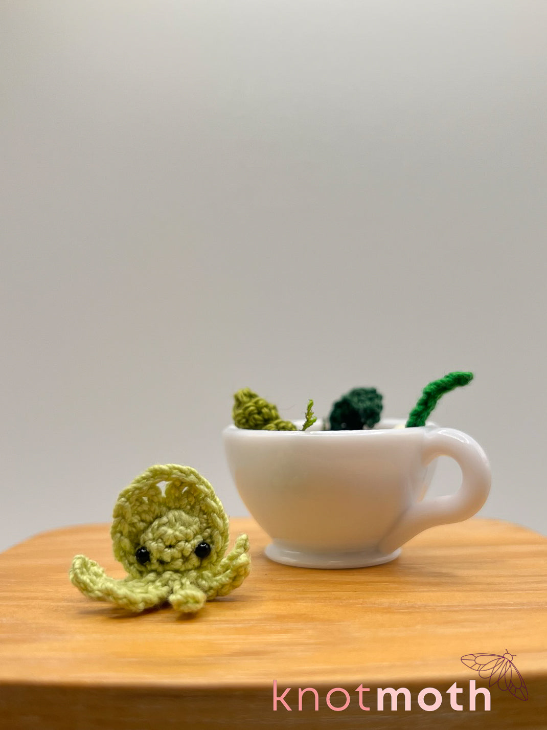 sage squid micro crochet teacup trinket
