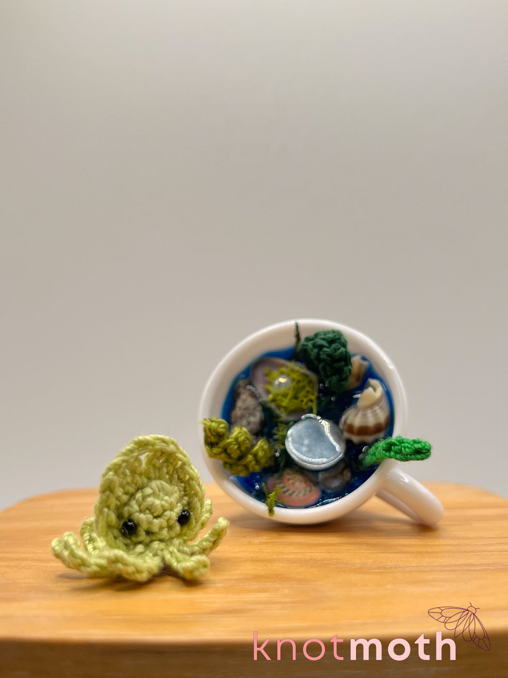 sage squid micro crochet teacup trinket