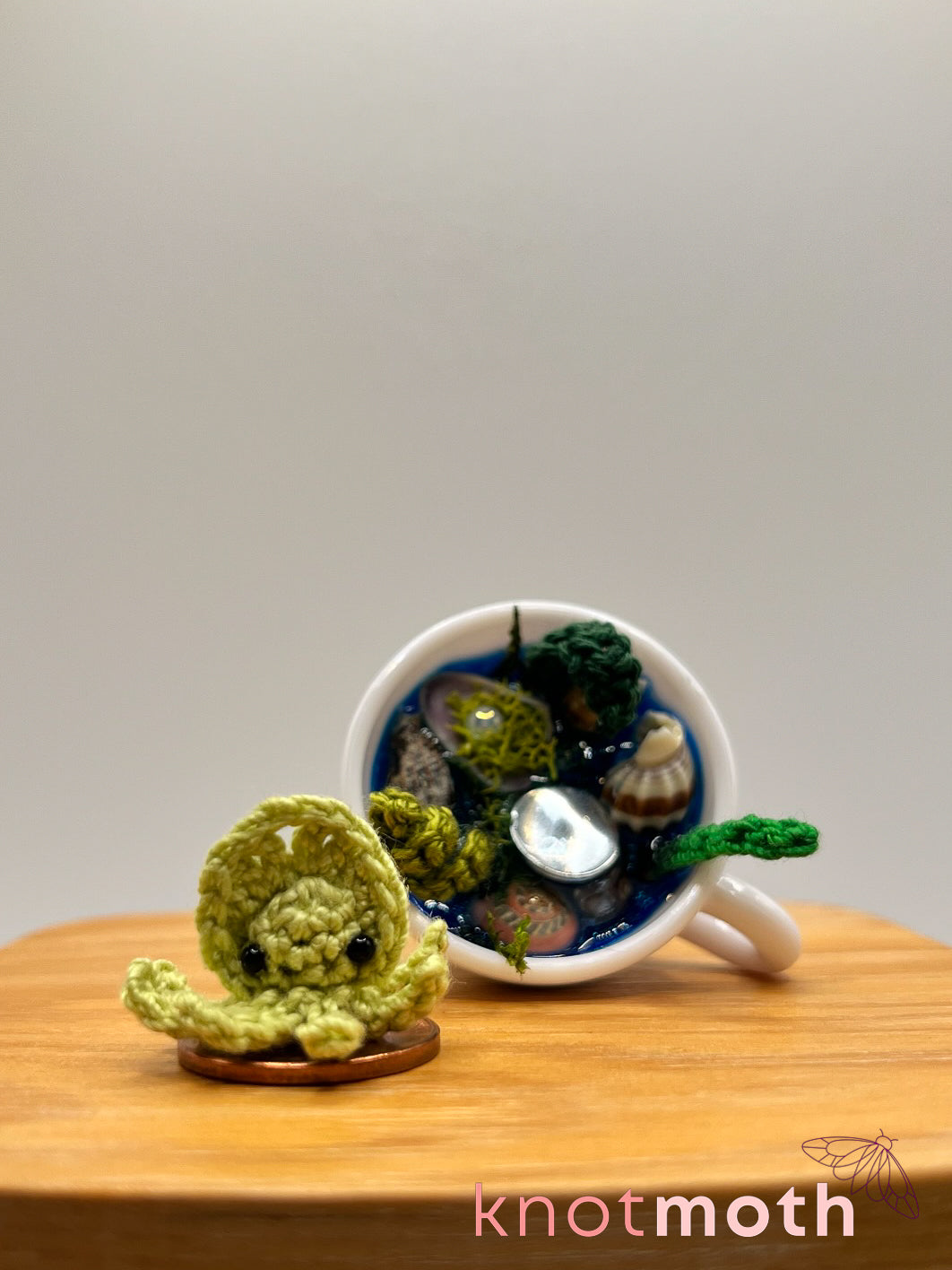 sage squid micro crochet teacup trinket