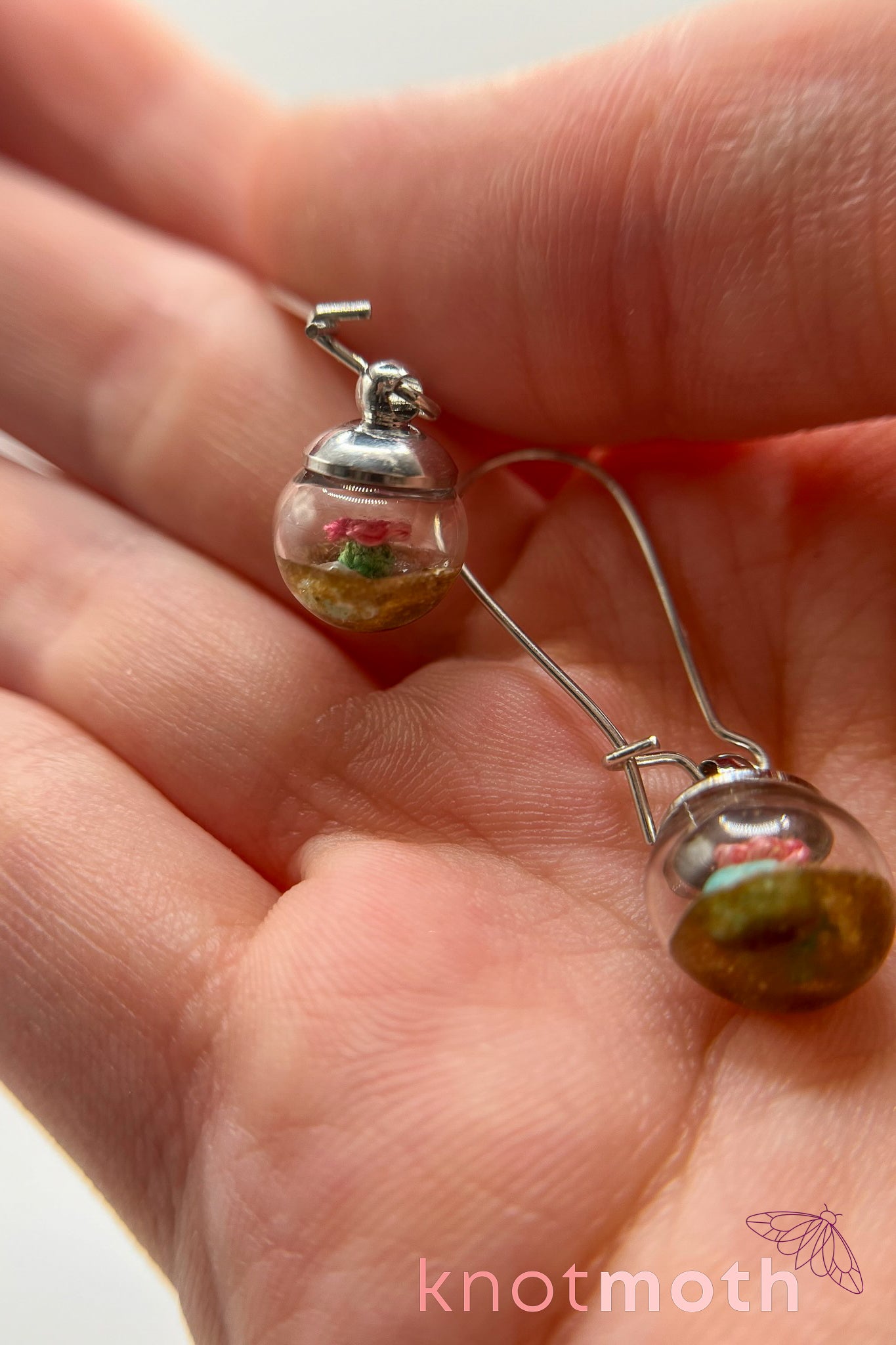 Desert Cacti with Flower Micro Crochet Globe Dangle Earrings