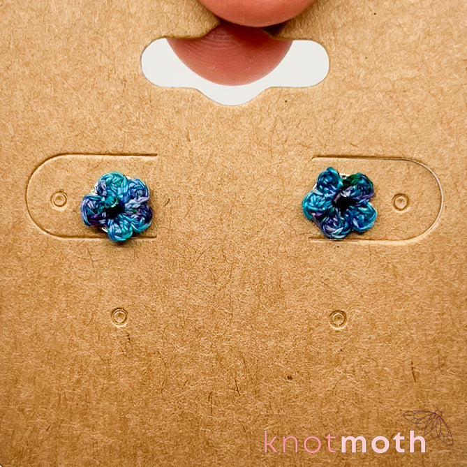 Blue and Purple Flower Micro Crochet Stud Earrings