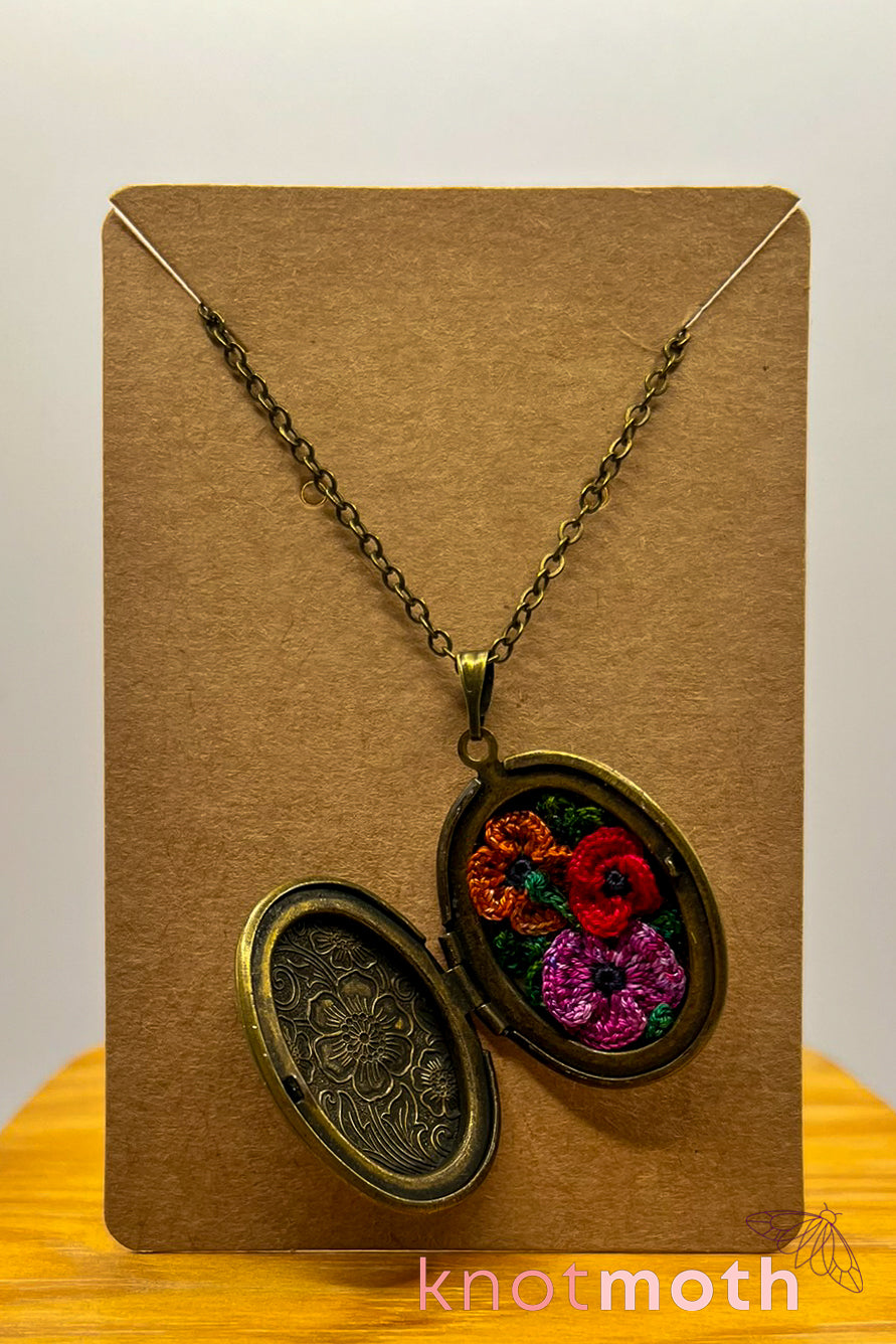 Poppies (remembrance & rest) floriography micro-crochet locket